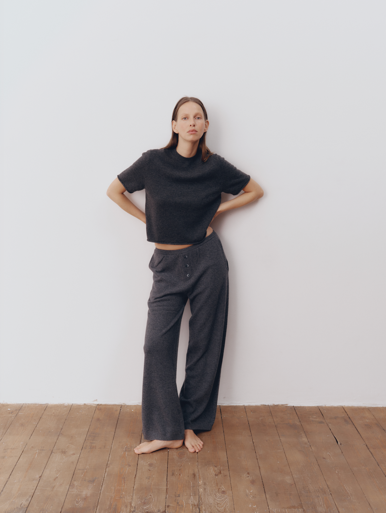 Model wearing Kayla Pants in Charcoal — cashmere trousers, All My Love