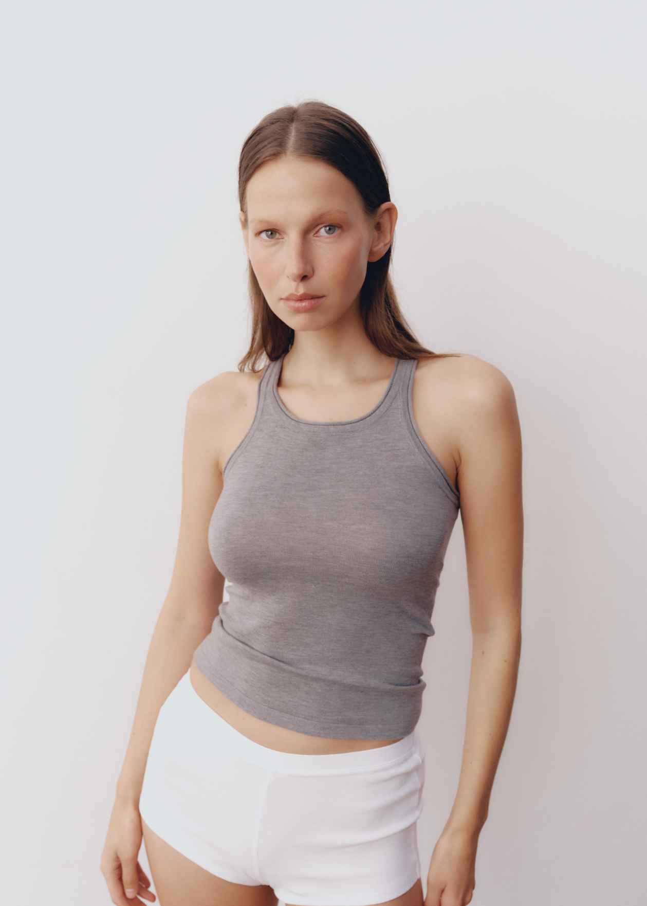 Model wearing Lindsay Top in Heather Grey — knit tank, All My Love