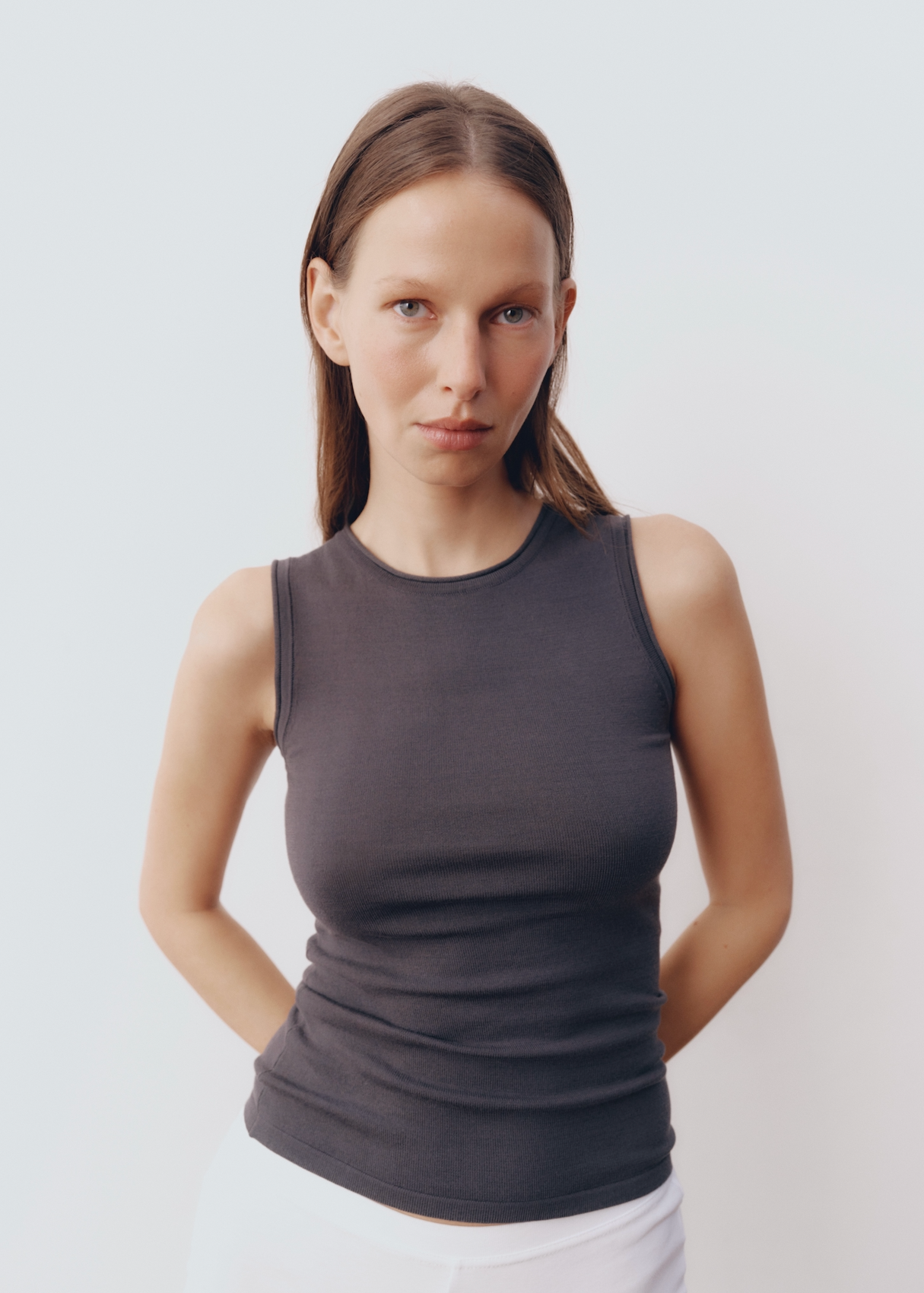 Model wearing Maddie Top in Charcoal — knit tank, All My Love