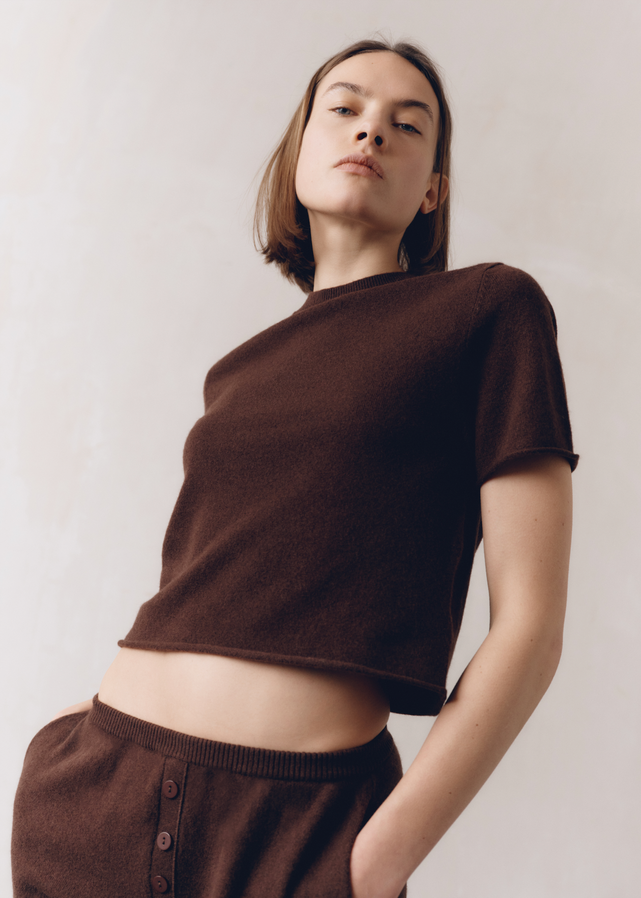 Model wearing Ava Top in Espresso — cashmere top, All My Love