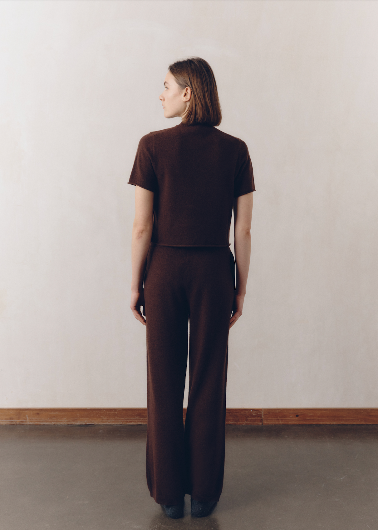 Model wearing Ava Top in Espresso — cashmere top, All My Love