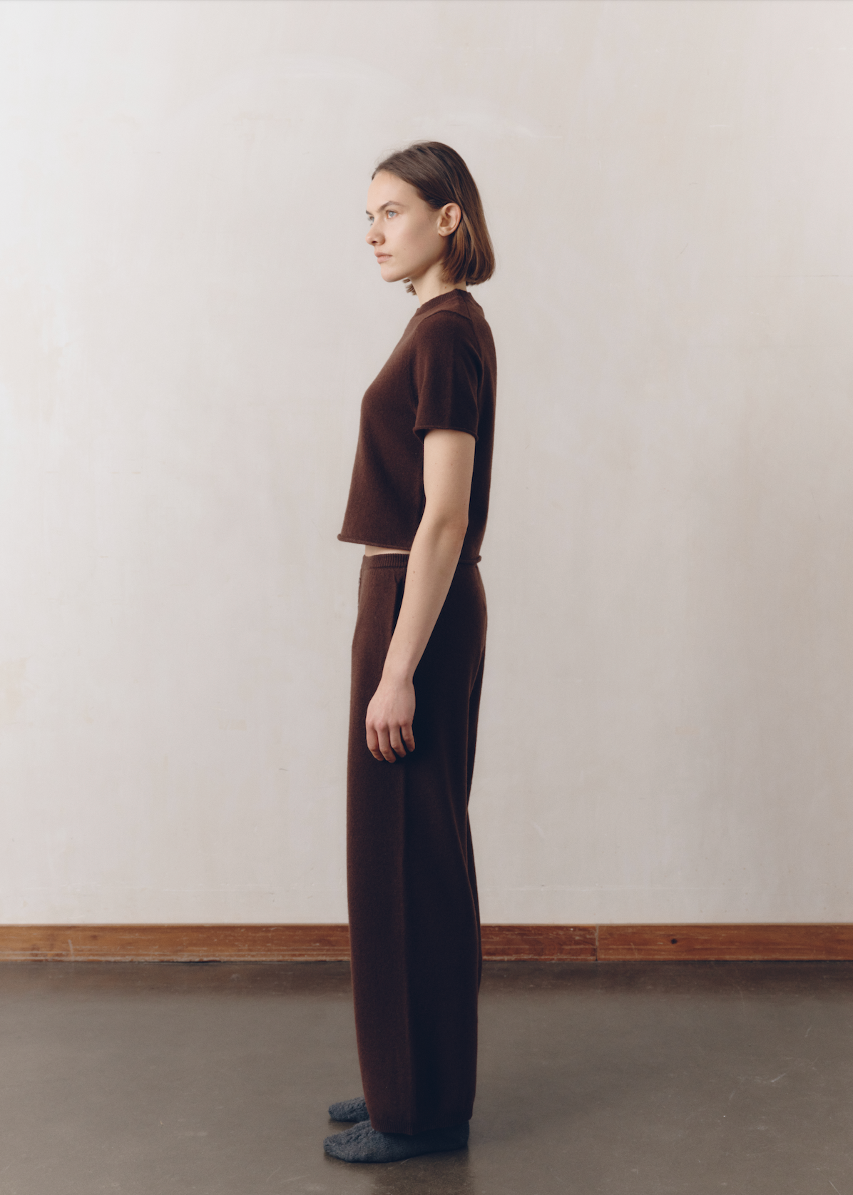 Model wearing Ava Top in Espresso — cashmere top, All My Love