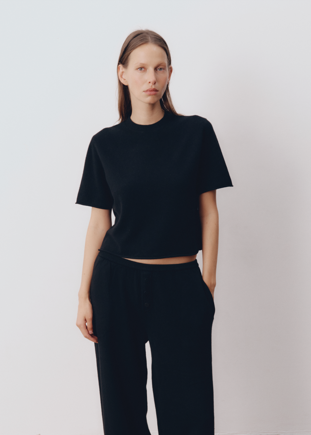 Model wearing Ava Top in Onyx — cashmere top, All My Love