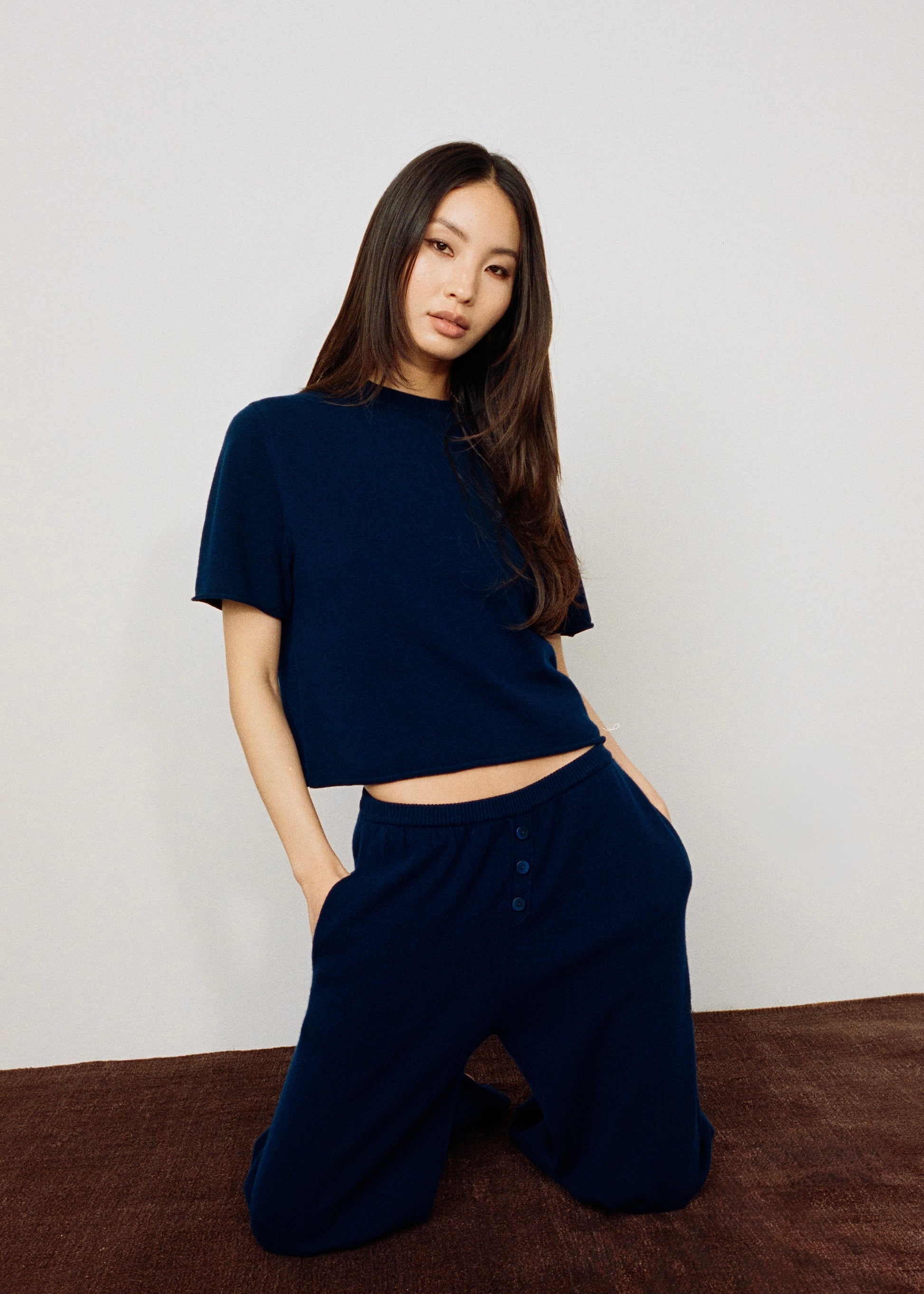 Model wearing Ava Top in Sapphire — cashmere top, All My Love
