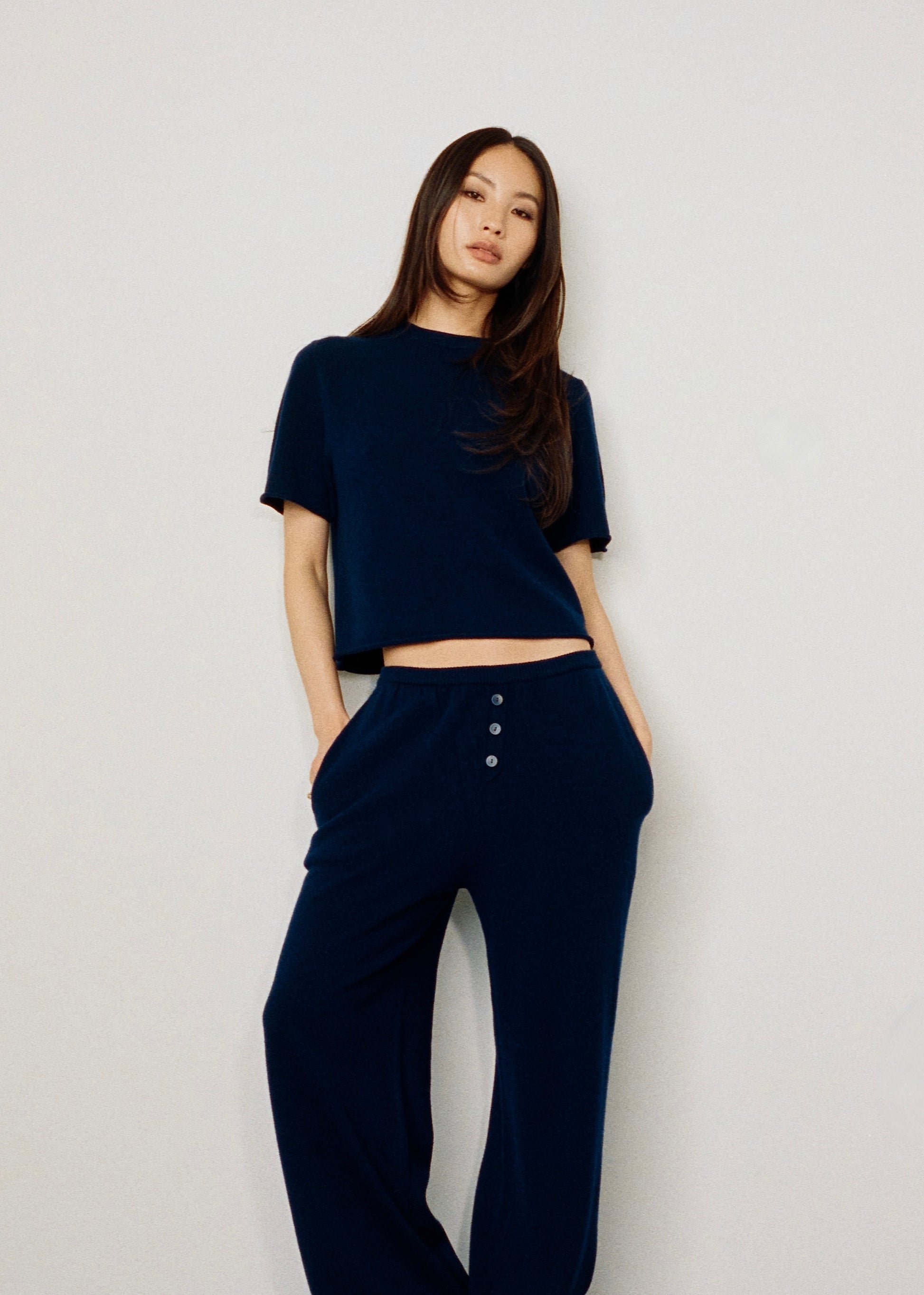 Model wearing Ava Top in Sapphire — cashmere top, All My Love