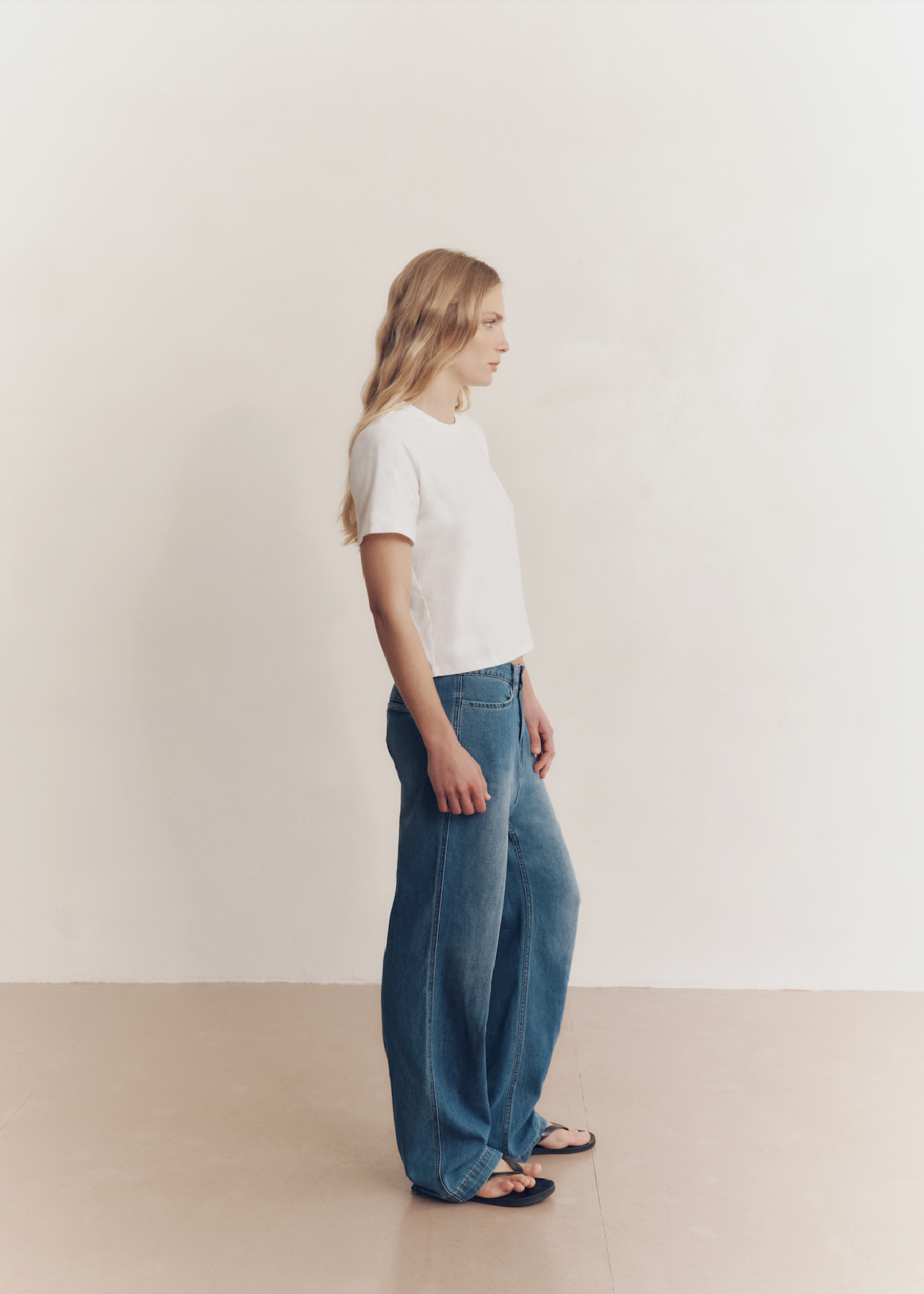Model wearing Dani Jeans in Coastal Blue — low rise women's jeans, All My Love