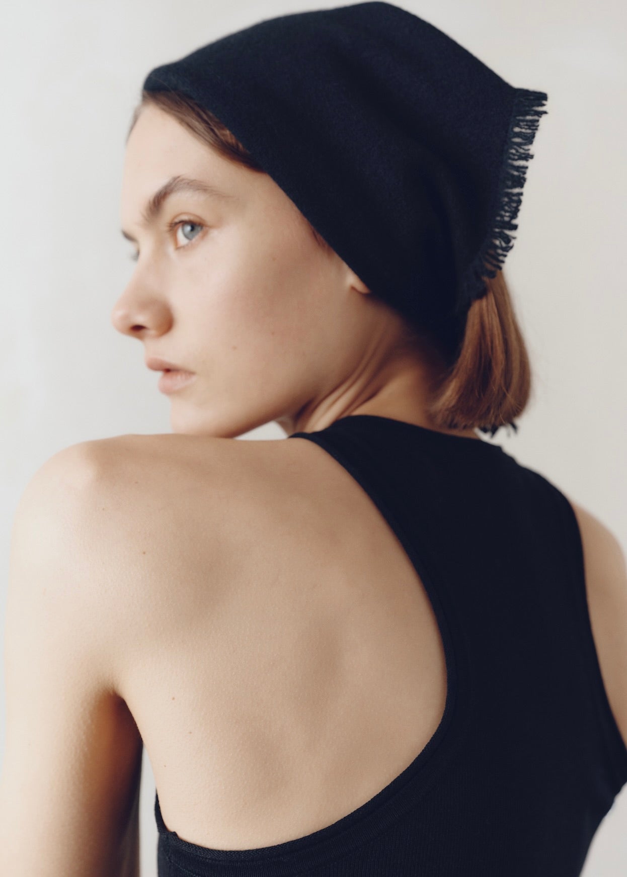 Model wearing Jess Shawl in Onyx — cashmere head scarf, All My Love