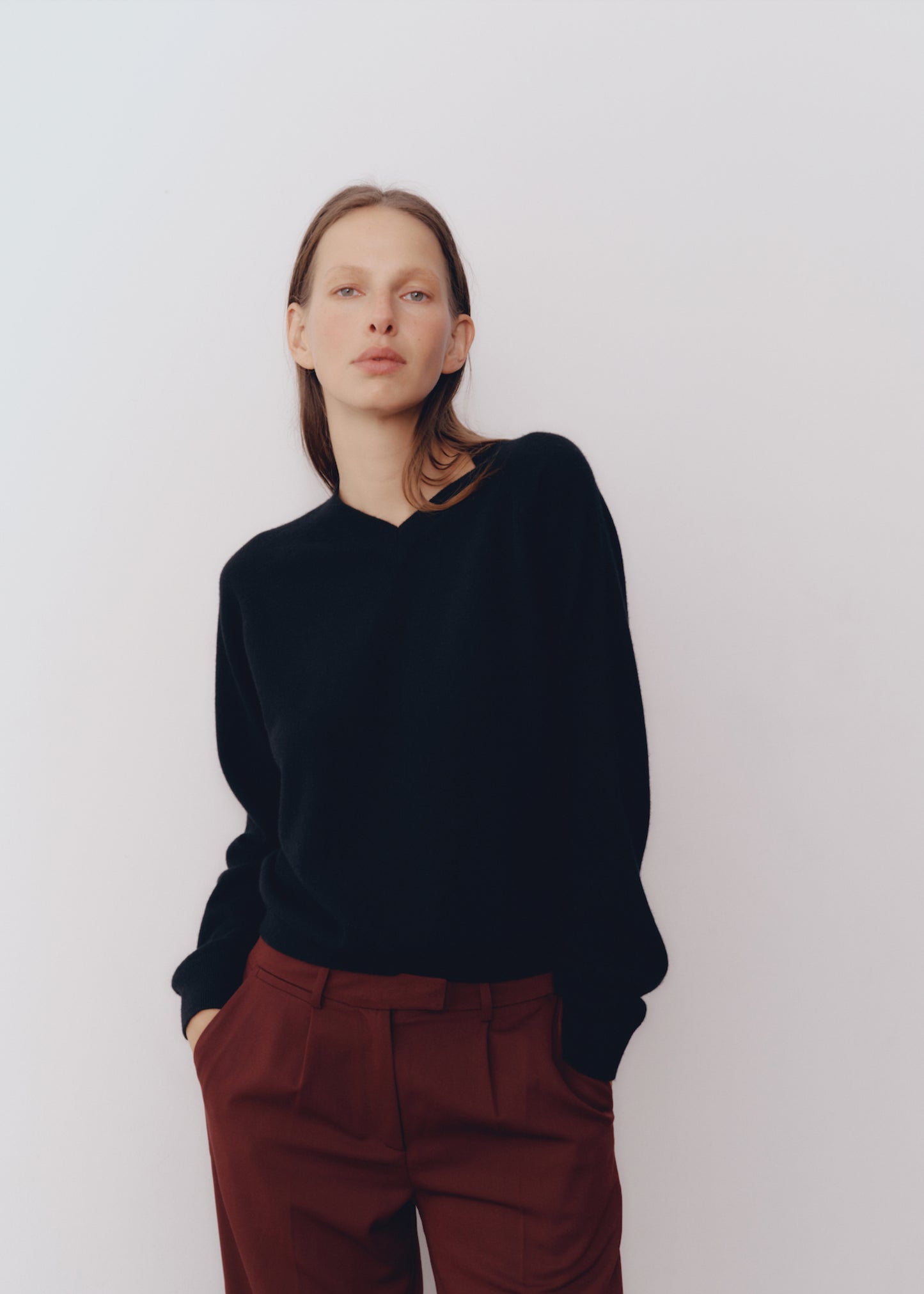 Model wearing Jess Sweater in Onyx — cashmere sweater, All My Love