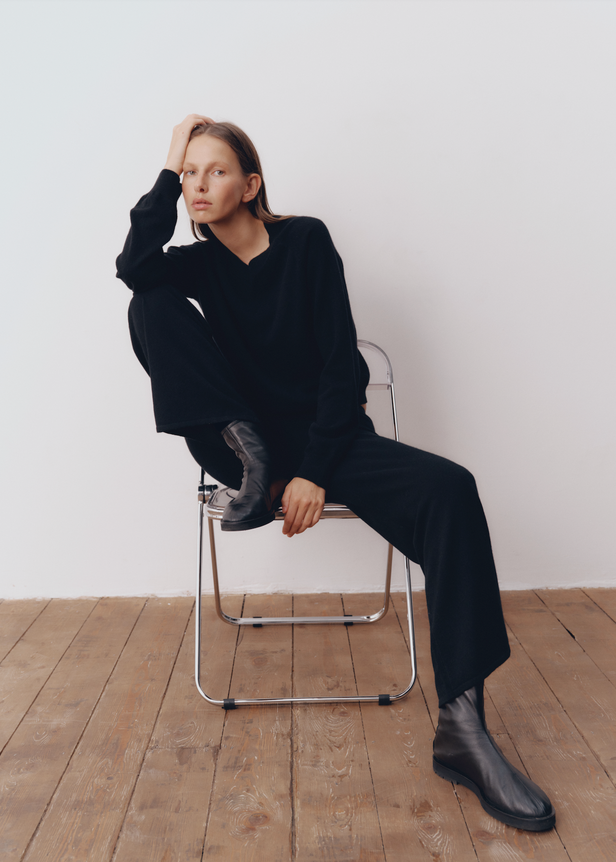 Model wearing Jess Sweater in Onyx — cashmere sweater, All My Love