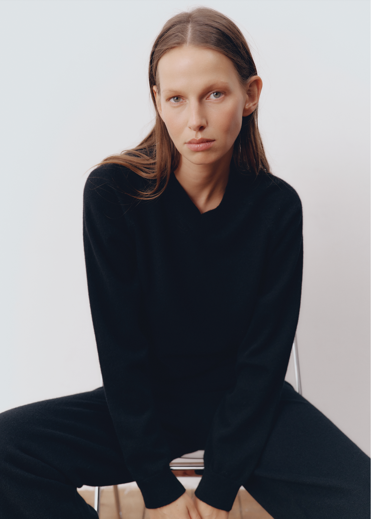 Model wearing Jess Sweater in Onyx — cashmere sweater, All My Love