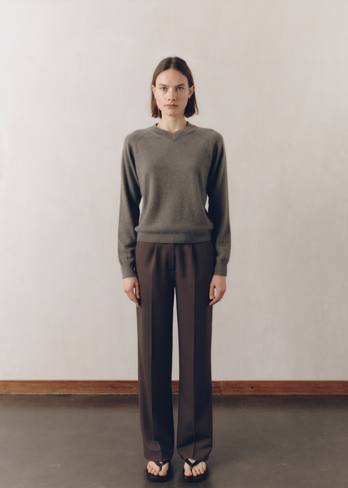 Model wearing Jess Sweater in Taupe — cashmere sweater, All My Love