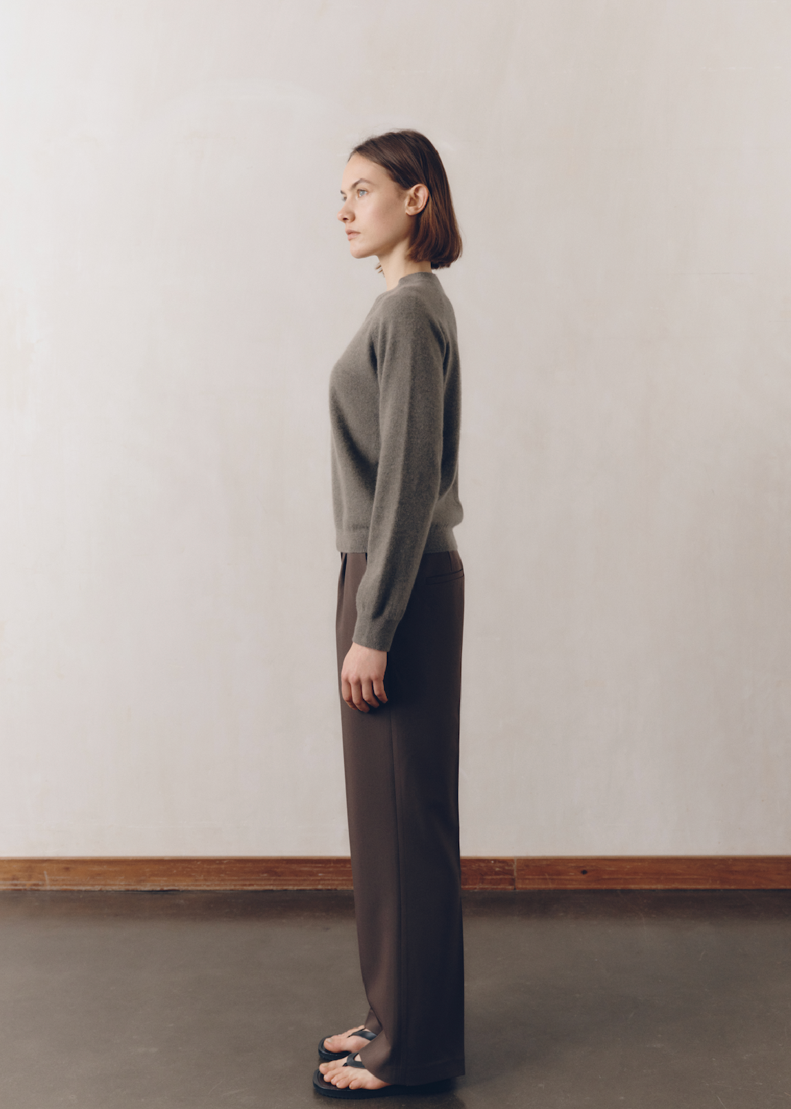 Model wearing Jess Sweater in Taupe — cashmere sweater, All My Love