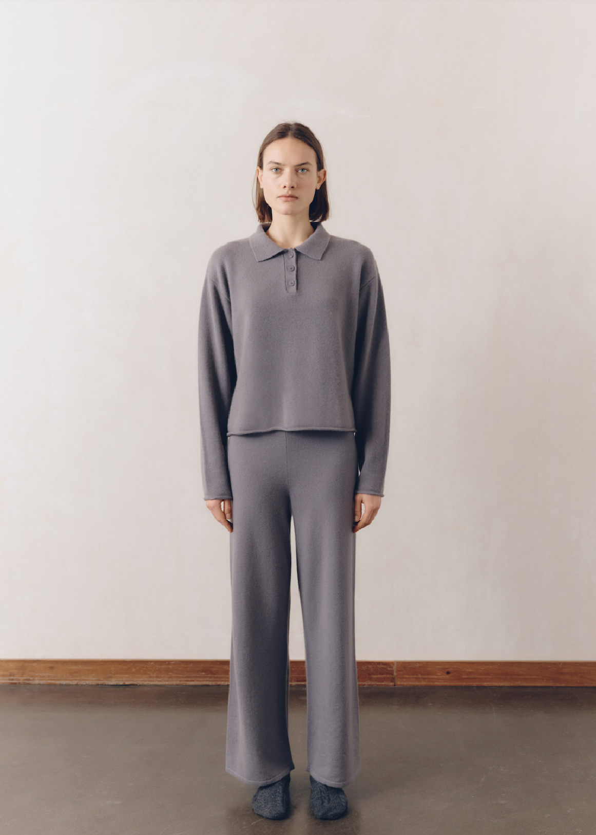 Model wearing Katie Pants in Cloud — cashmere trousers, All My Love