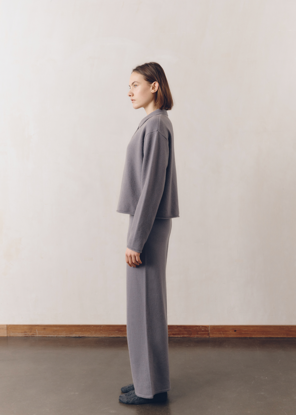 Model wearing Katie Pants in Cloud — cashmere trousers, All My Love