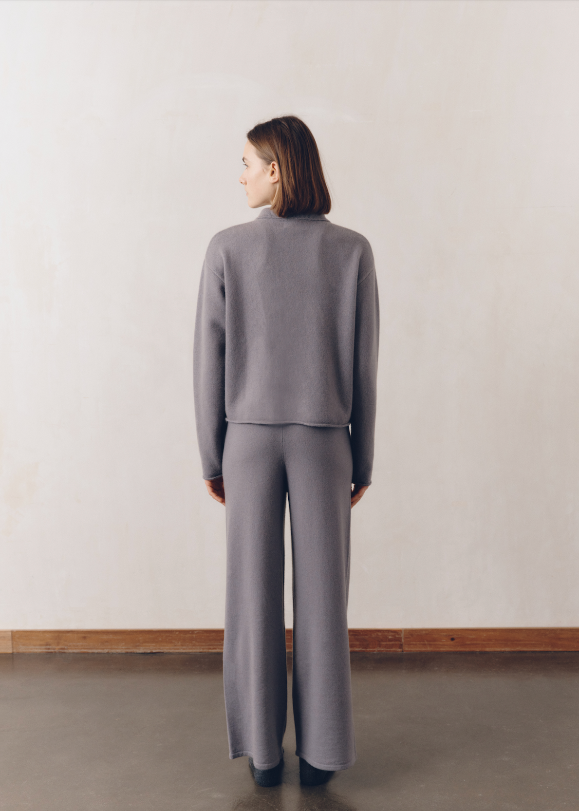 Model wearing Katie Pants in Cloud — cashmere trousers, All My Love
