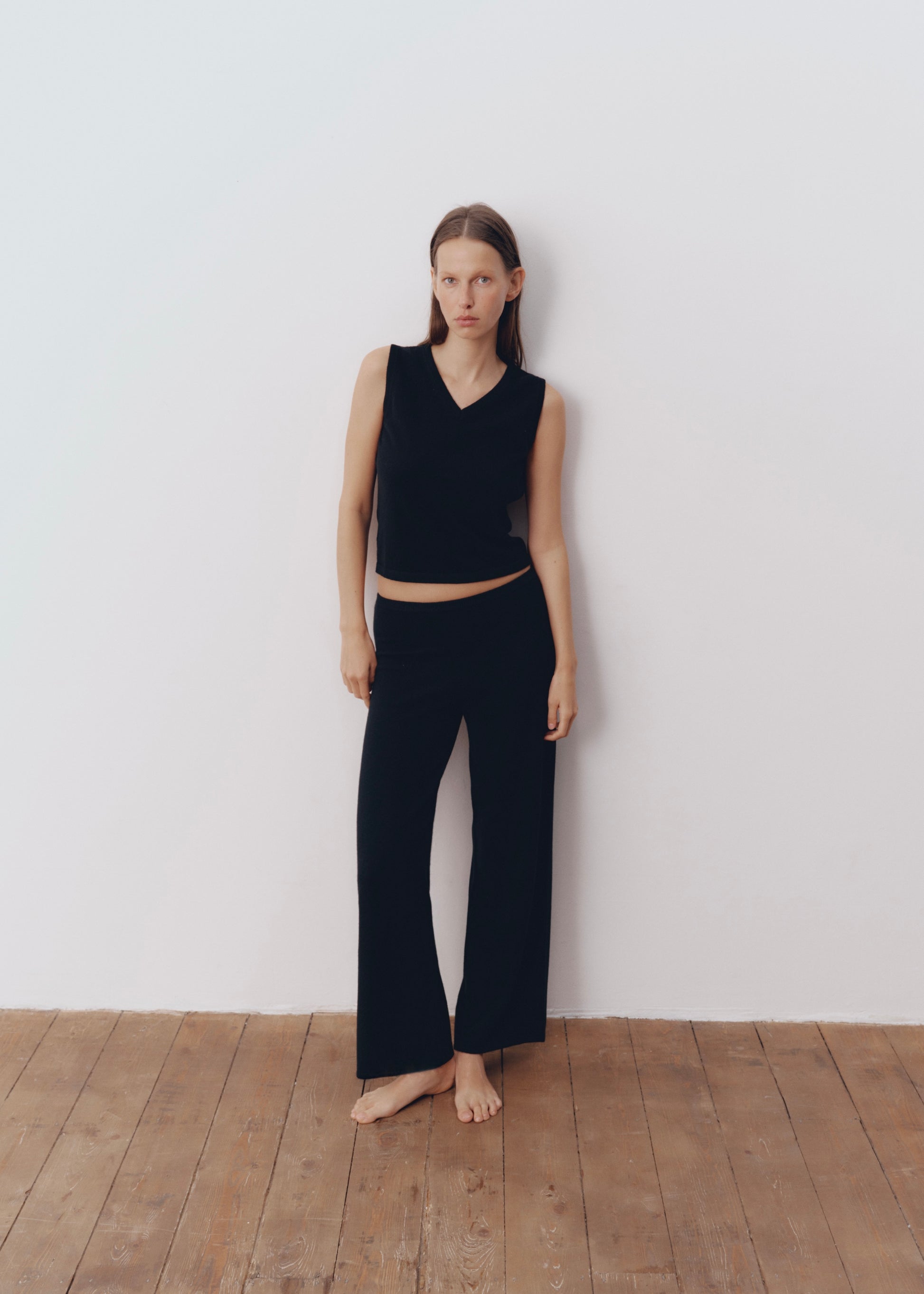 Model wearing Katie Pants in Onyx — cashmere trousers, All My Love