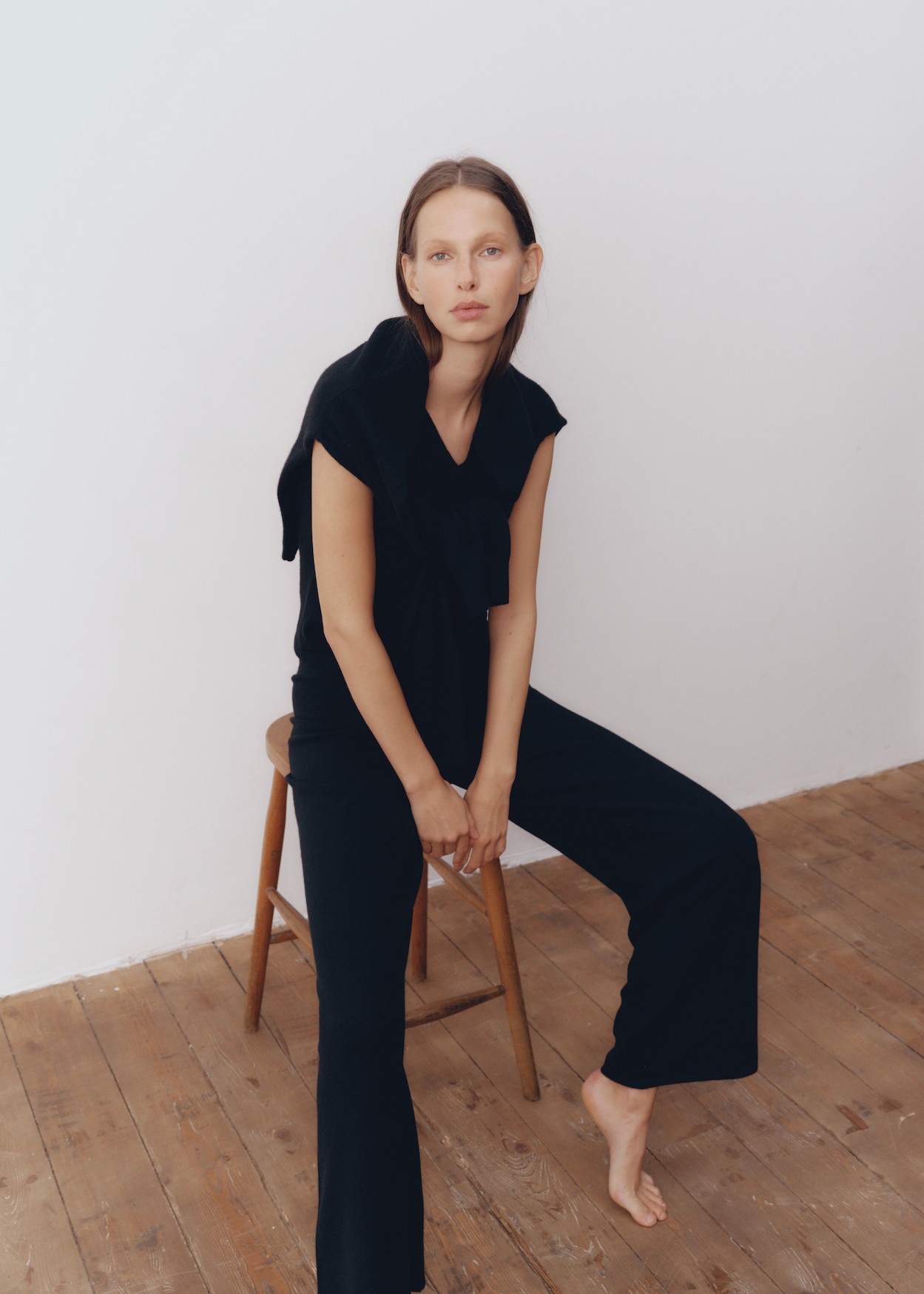 Model wearing Katie Pants in Onyx — cashmere trousers, All My Love