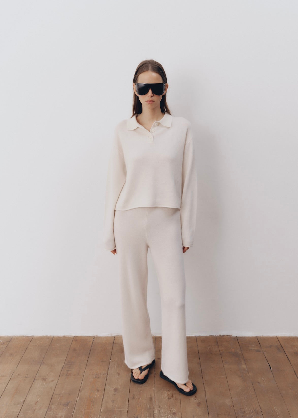 Model wearing Katie Pants in Orchid — cashmere trousers, All My Love
