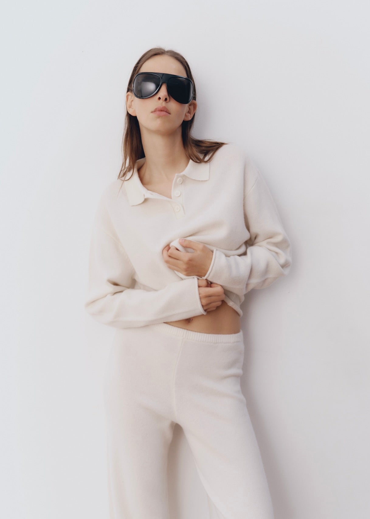 Model wearing Katie Pants in Orchid — cashmere trousers, All My Love