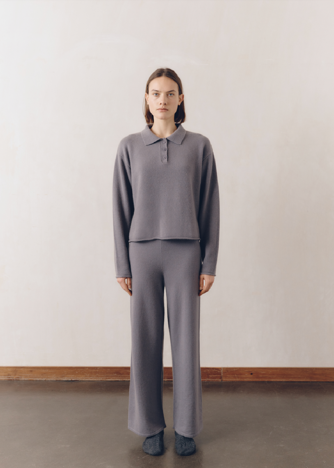 Model wearing Katie Sweater in Cloud — cashmere sweater, All My Love