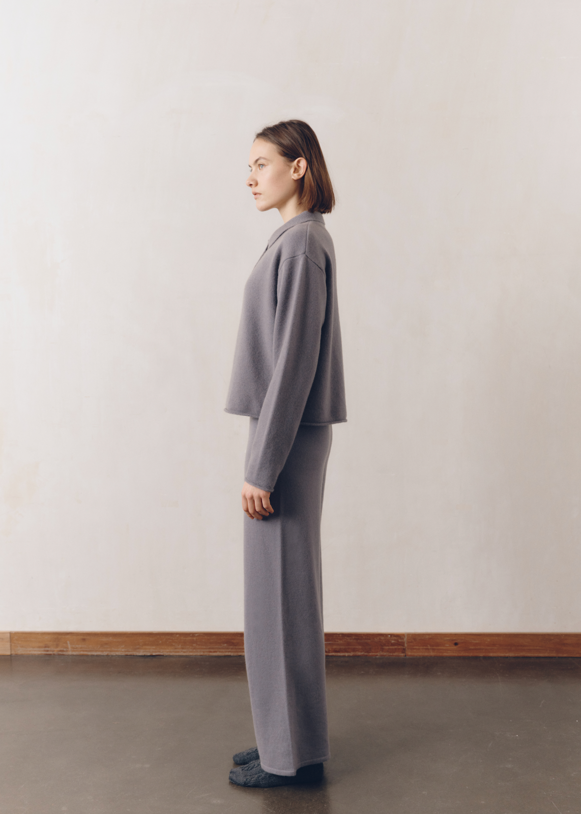 Model wearing Katie Sweater in Cloud — cashmere sweater, All My Love