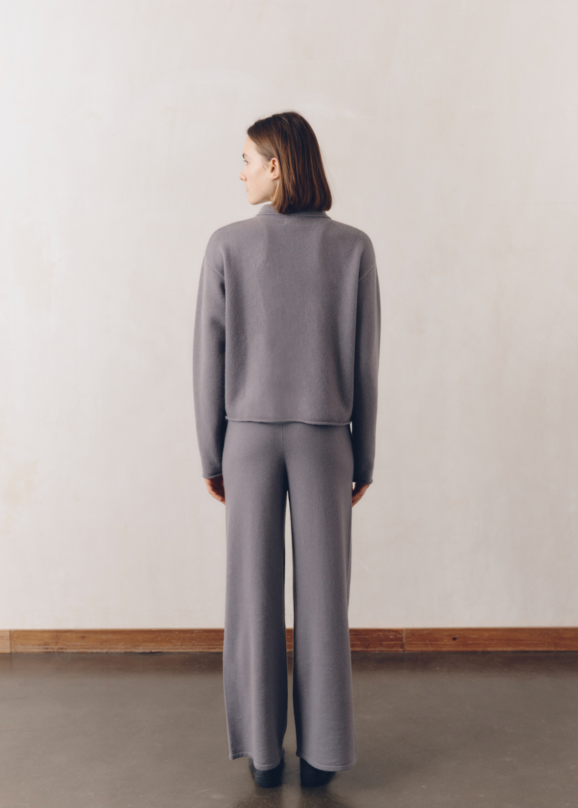 Model wearing Katie Sweater in Cloud — cashmere sweater, All My Love