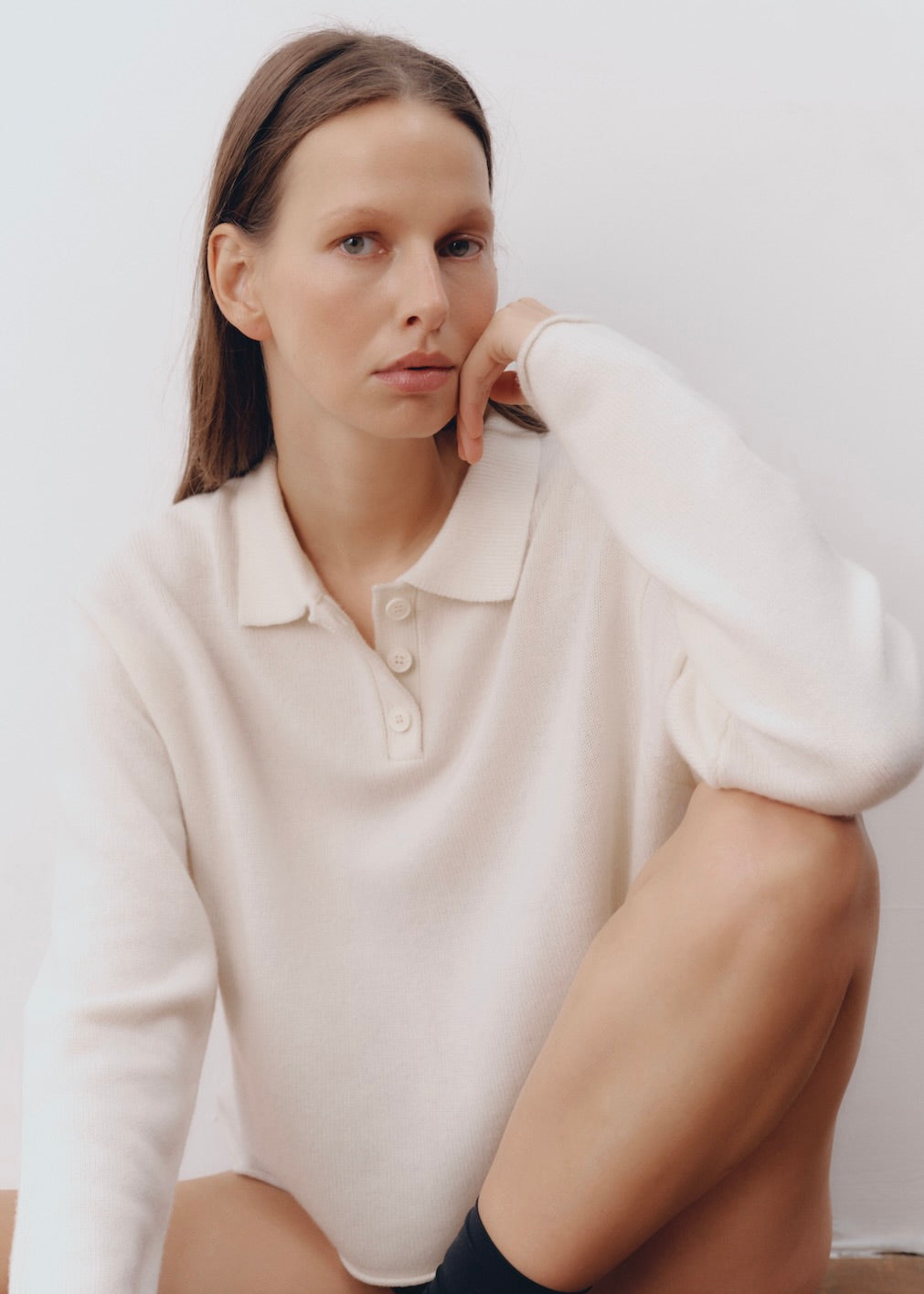 Model wearing Katie Sweater in Orchid — cashmere sweater, All My Love