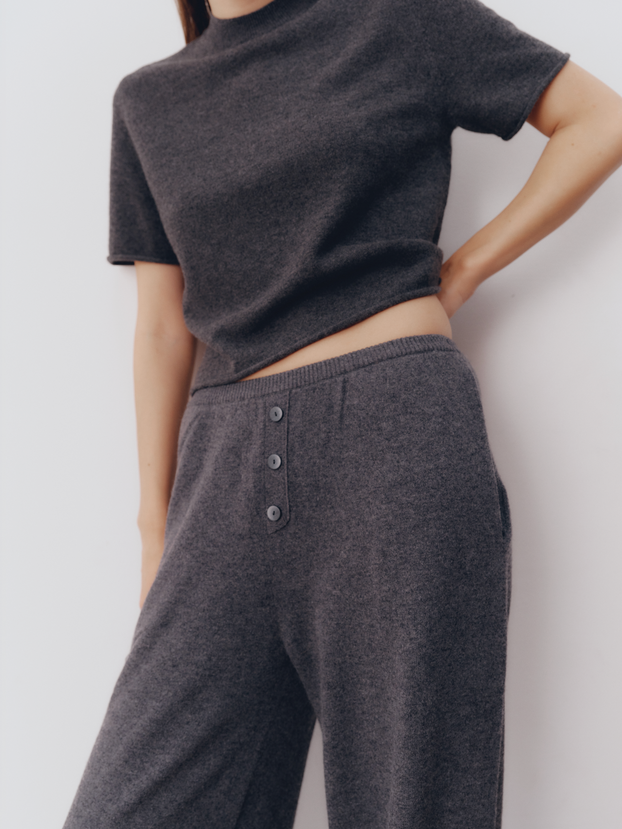 Model wearing Kayla Pants in Charcoal — cashmere trousers, All My Love