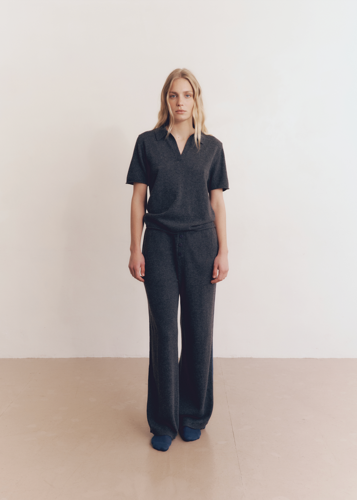 Model wearing Kayla Pants in Charcoal Stripe — cashmere trousers, All My Love