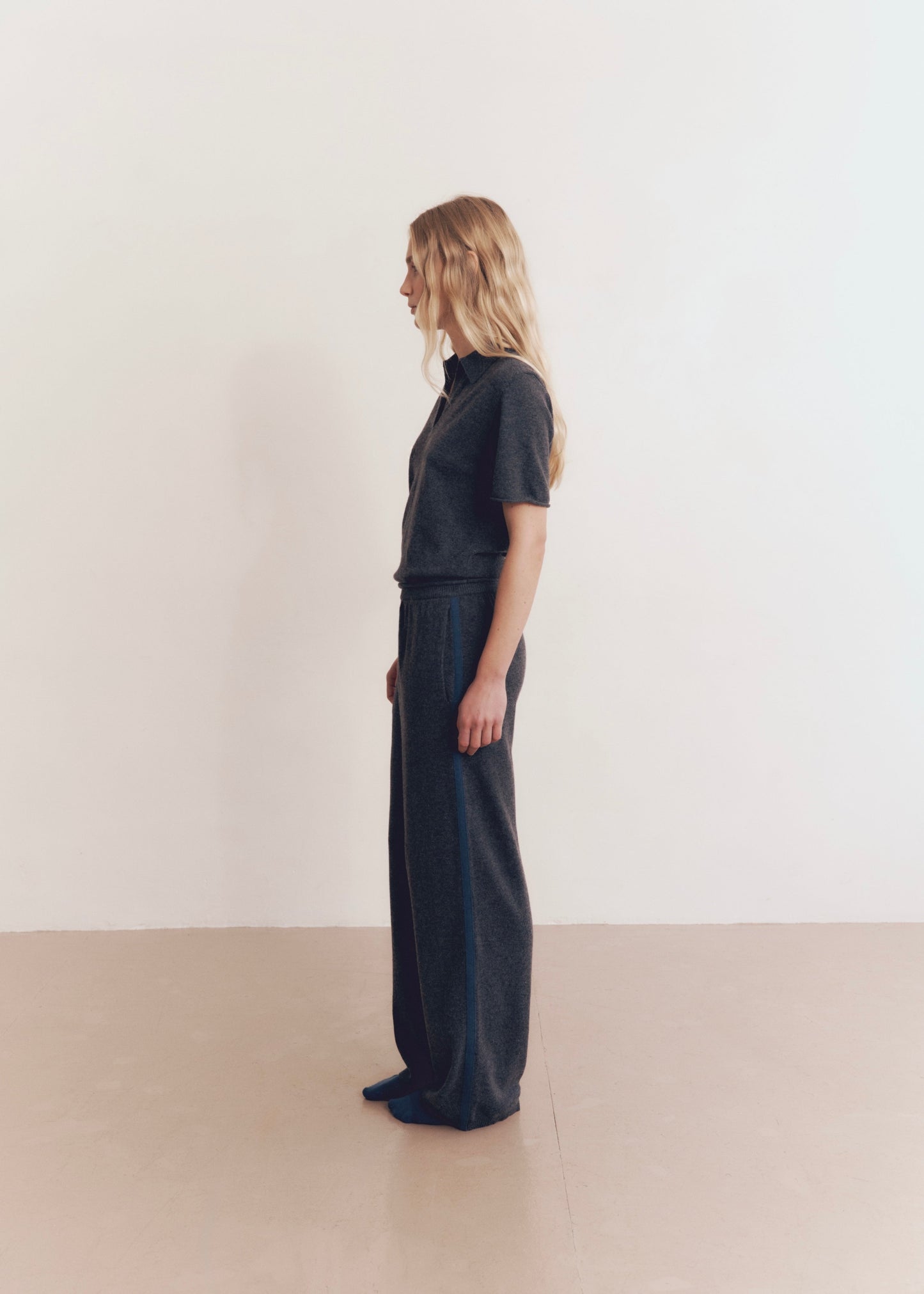 Model wearing Kayla Pants in Charcoal Stripe — cashmere trousers, All My Love