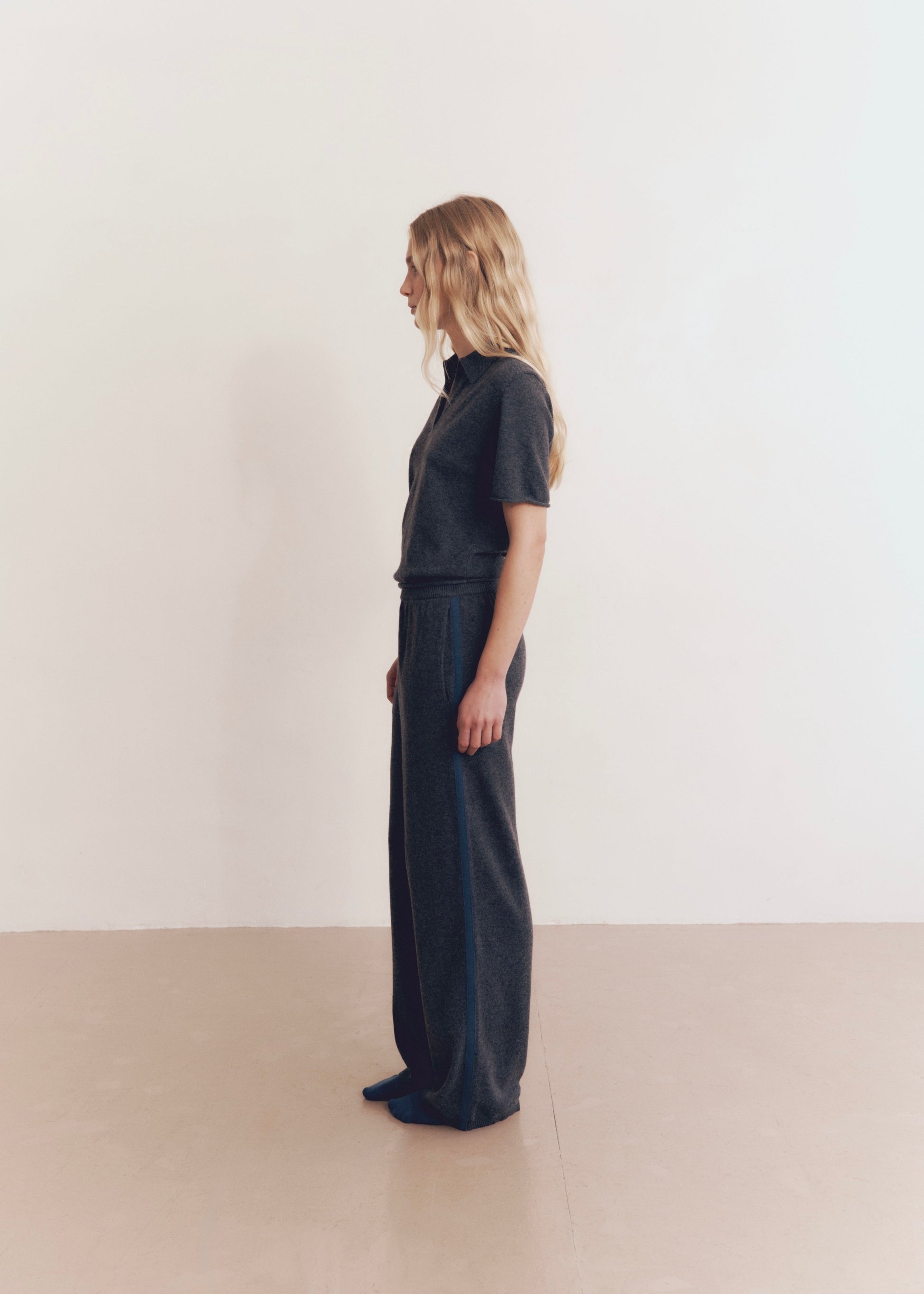 Model wearing Kayla Pants in Charcoal Stripe — cashmere trousers, All My Love