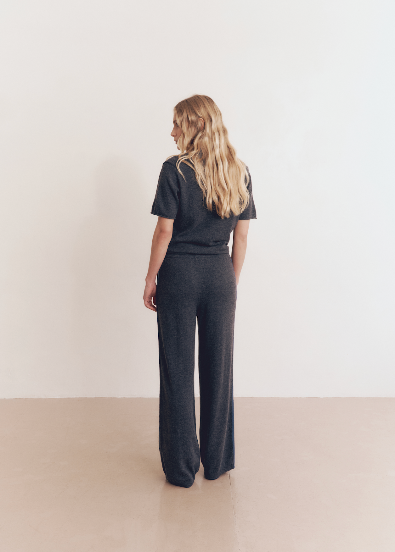 Model wearing Kayla Pants in Charcoal Stripe — cashmere trousers, All My Love