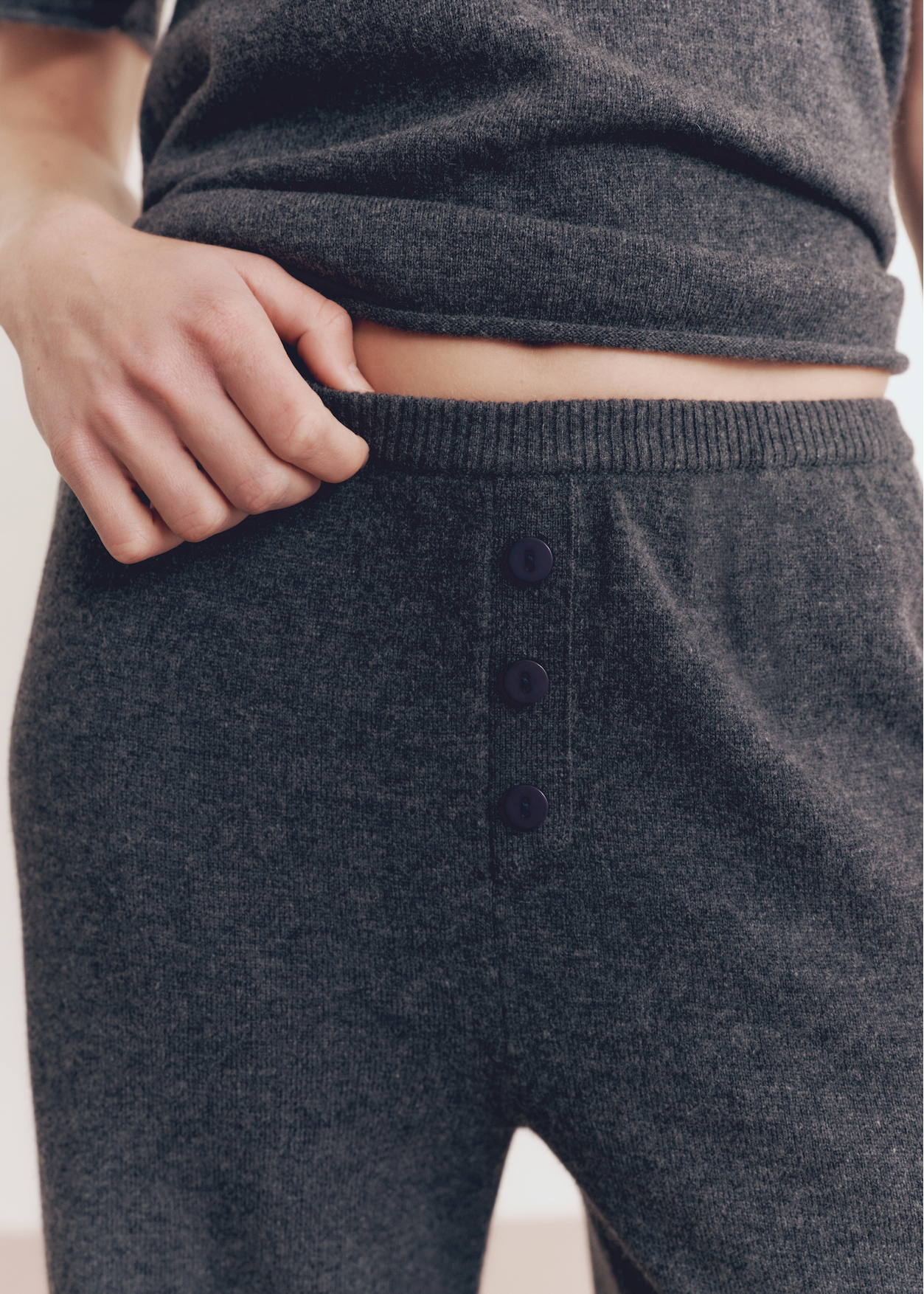 Model wearing Kayla Pants in Charcoal Stripe — cashmere trousers, All My Love