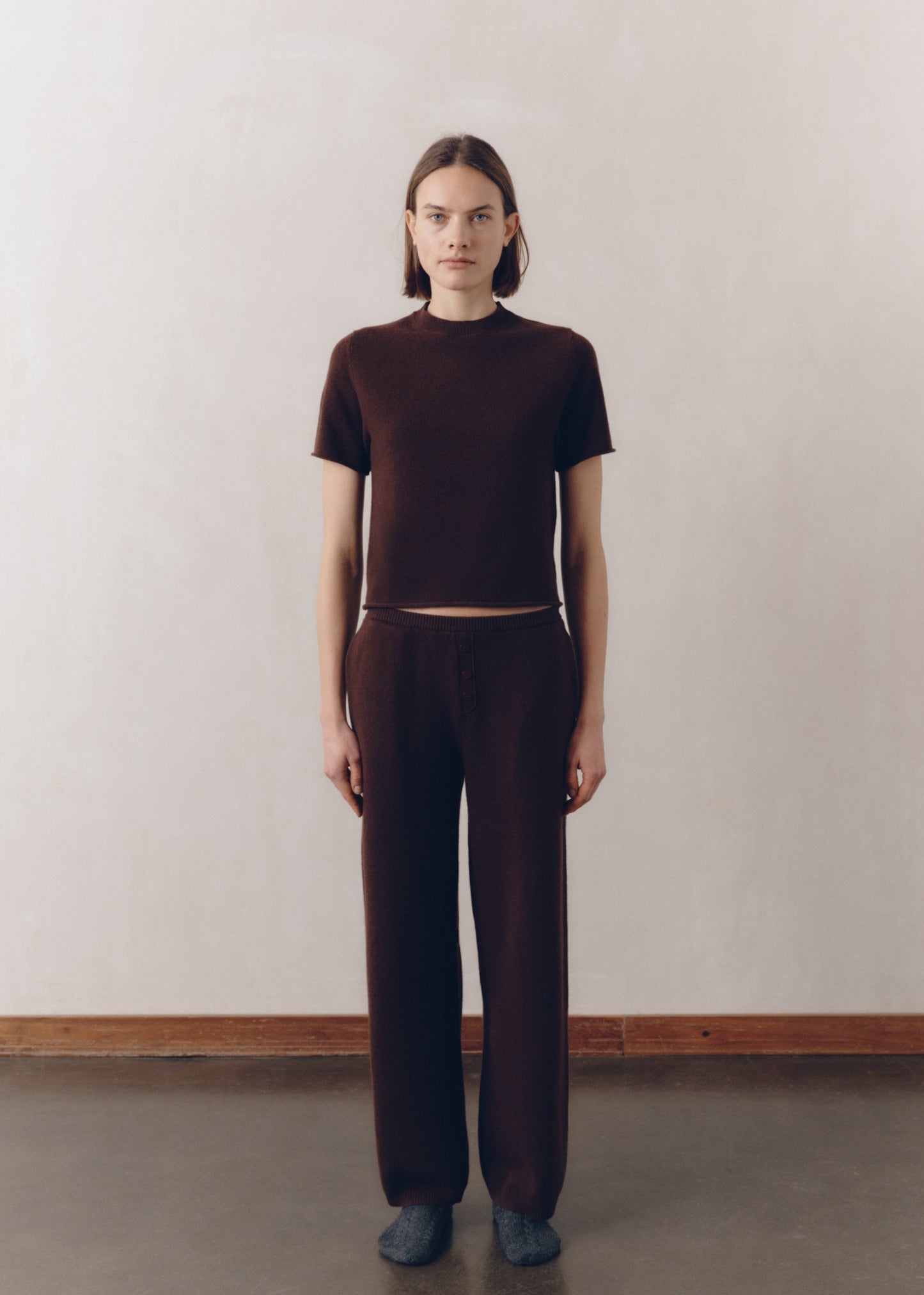 Model wearing Kayla Pants in Espresso — cashmere trousers, All My Love