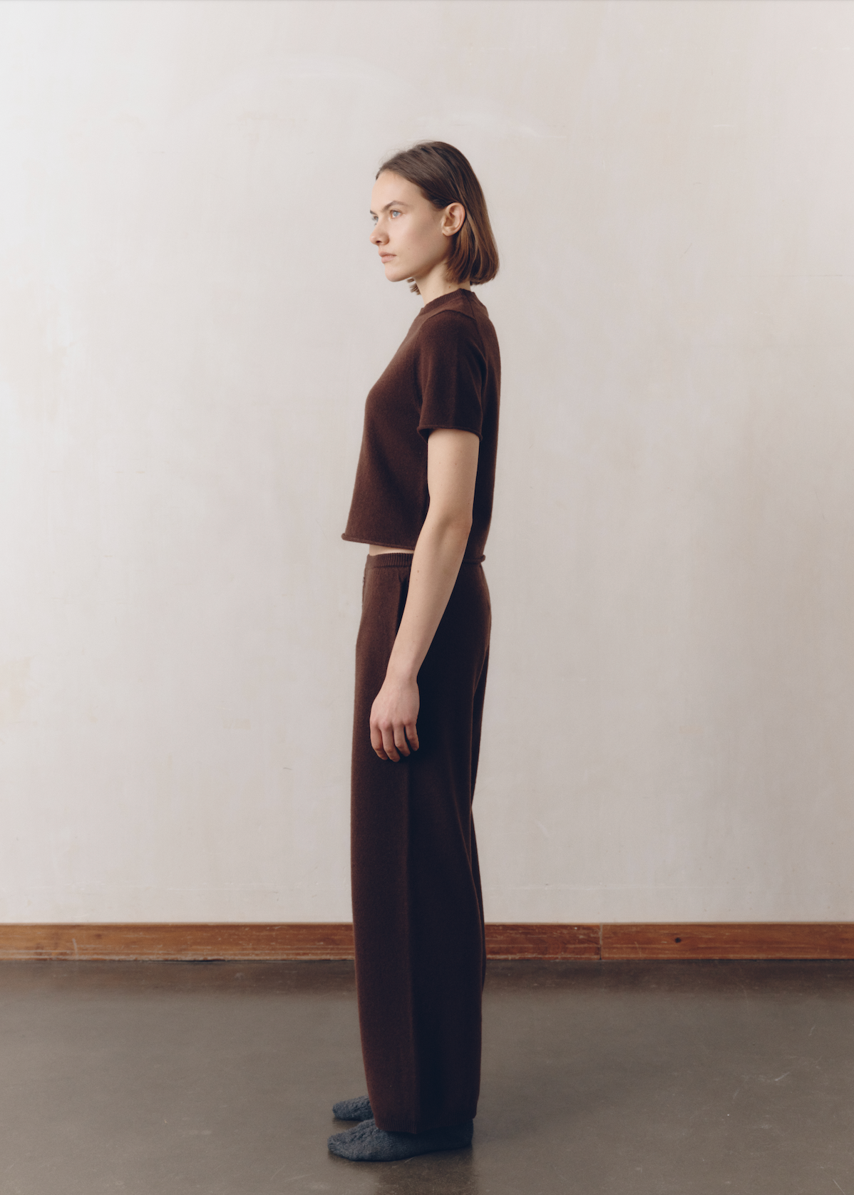 Model wearing Kayla Pants in Espresso — cashmere trousers, All My Love