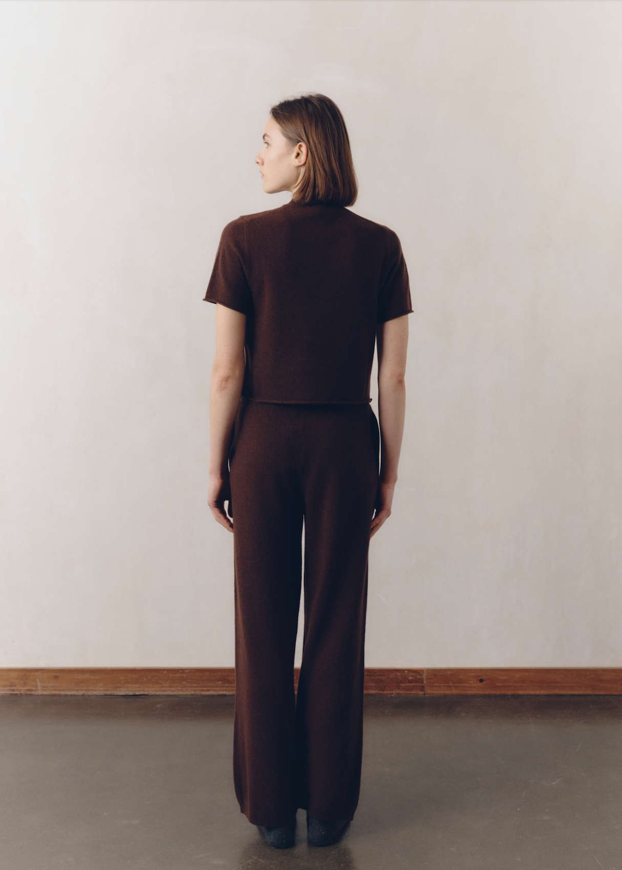 Model wearing Kayla Pants in Espresso — cashmere trousers, All My Love