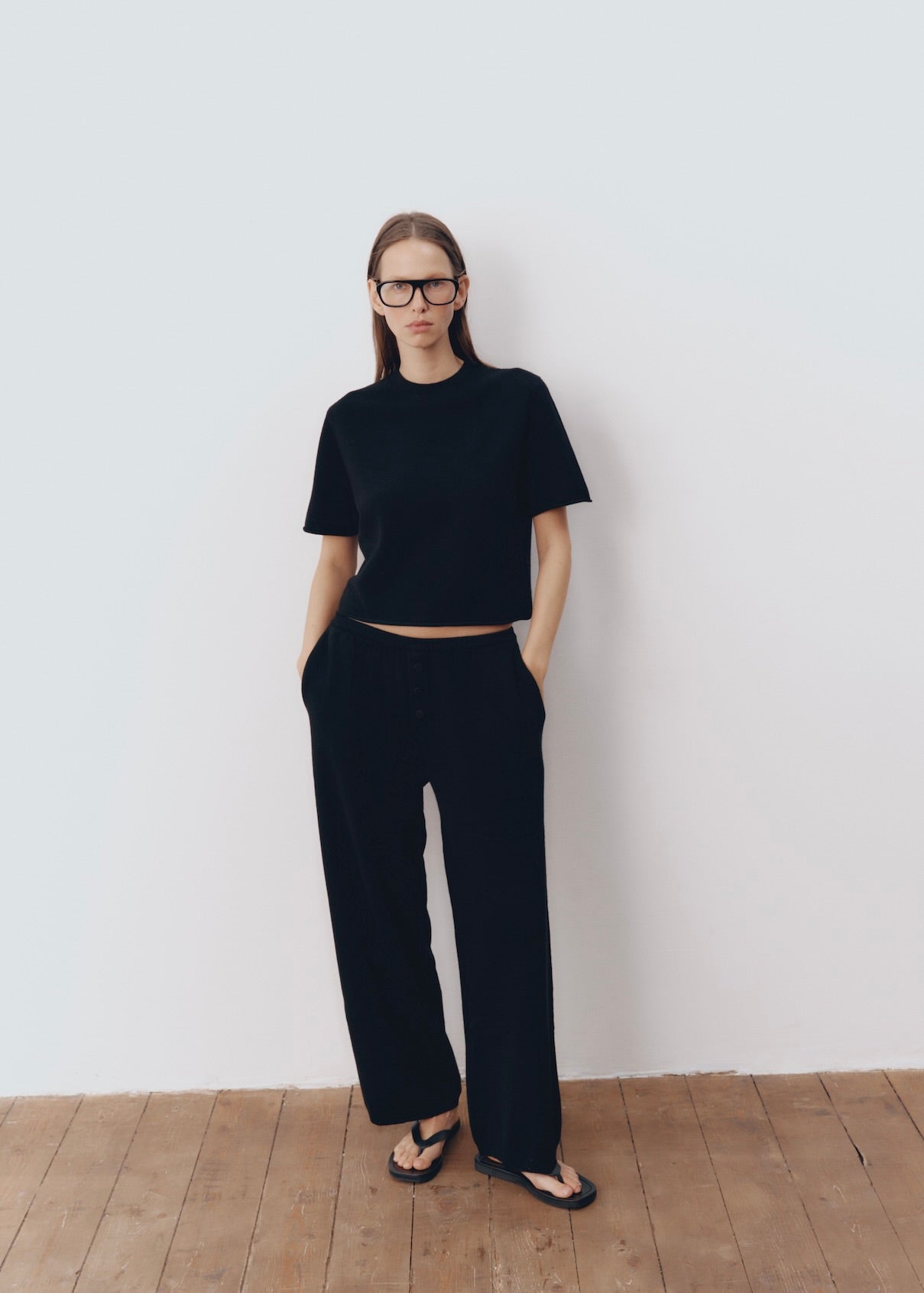 Model wearing Kayla Pants in Onyx — cashmere trousers, All My Love