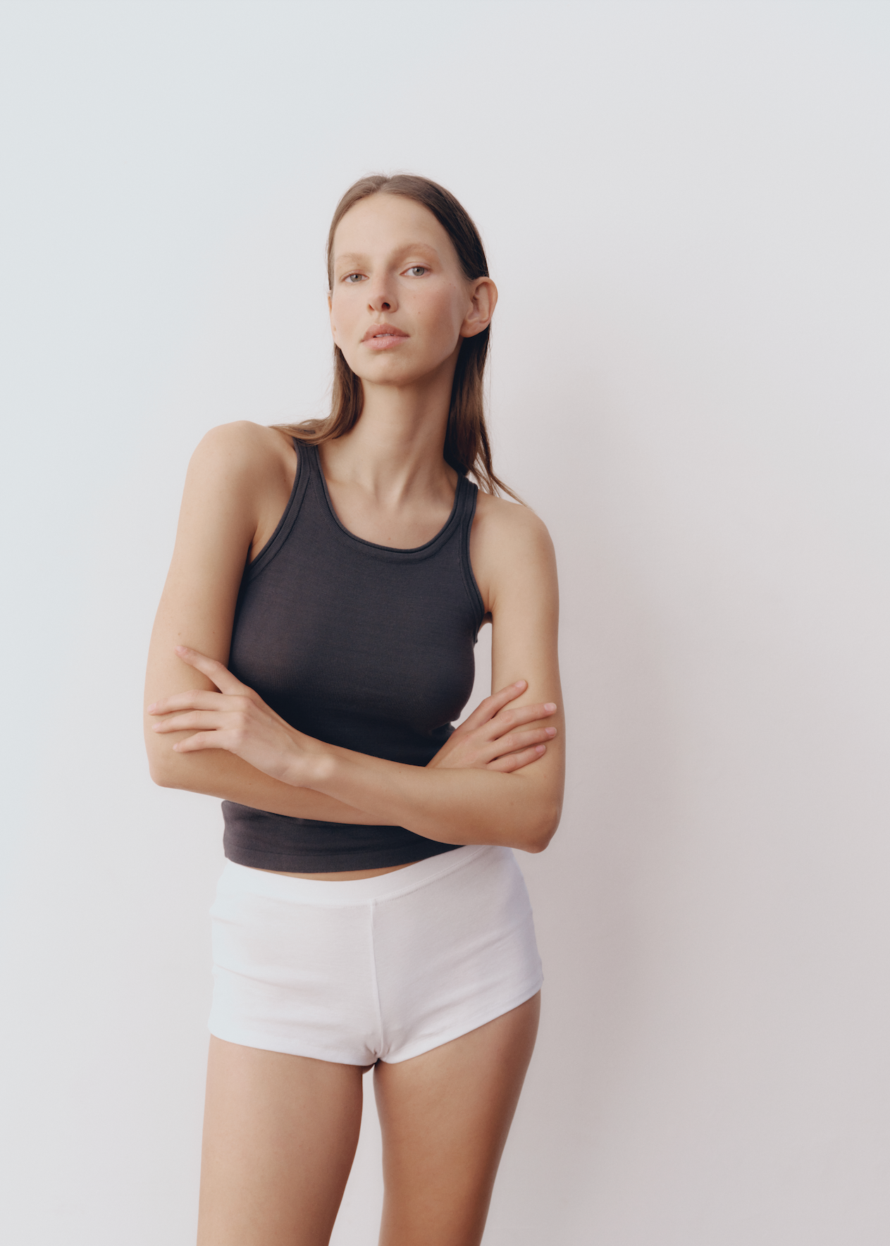 Model wearing Lindsay Top in Charcoal — knit tank, All My Love