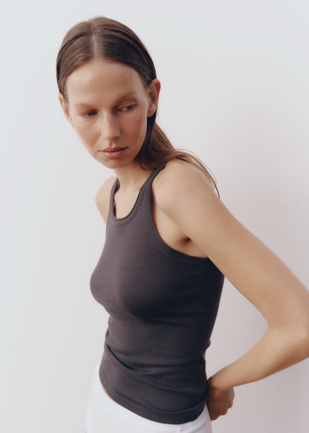Model wearing Lindsay Top in Charcoal — knit tank, All My Love