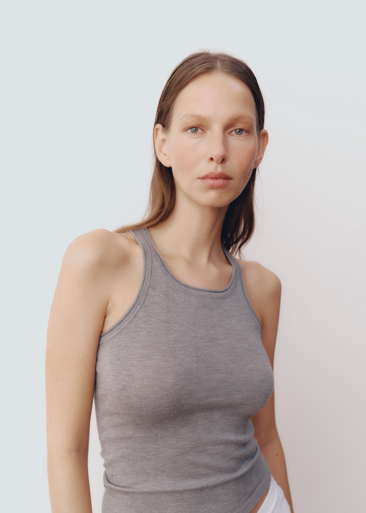 Model wearing Lindsay Top in Heather Grey — knit tank, All My Love