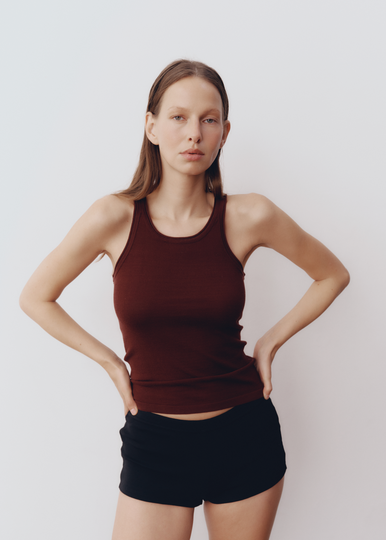 Model wearing Lindsay Top in Mahogany — knit tank, All My Love