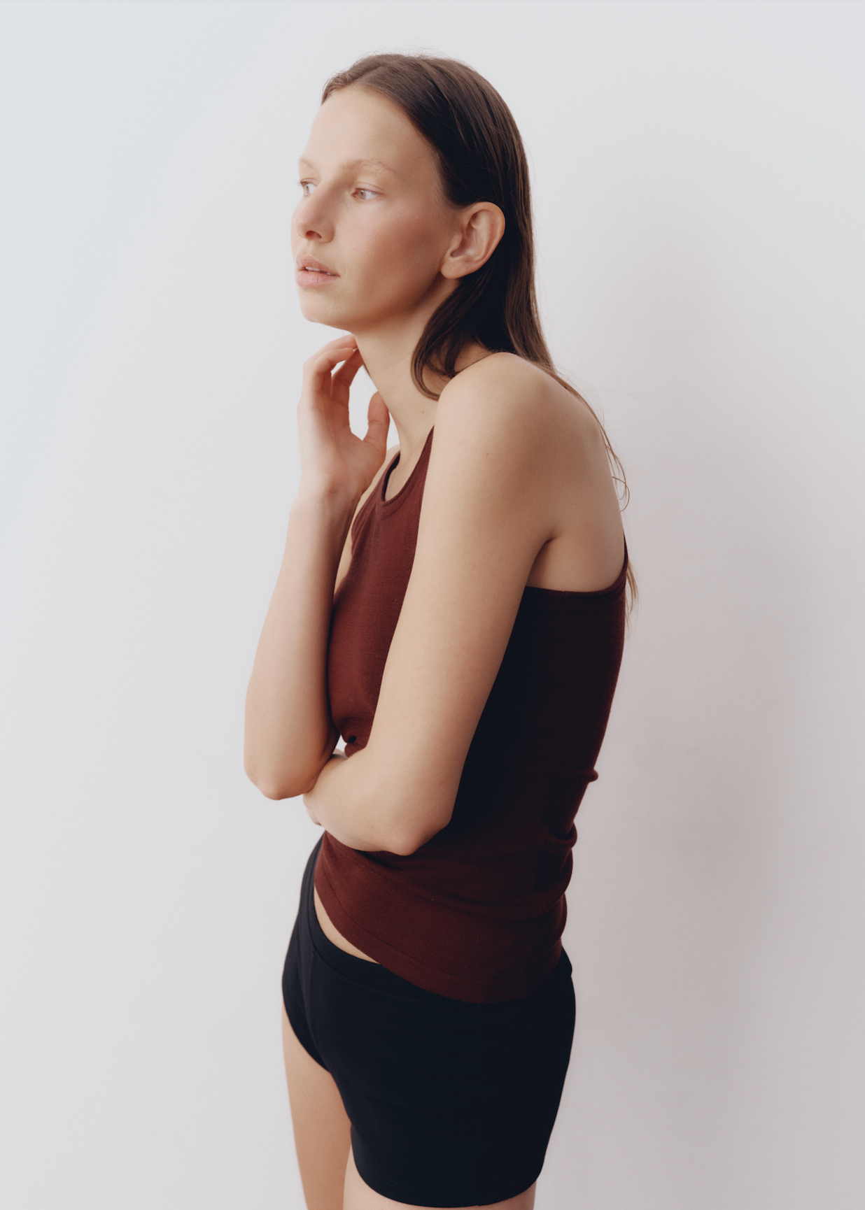 Model wearing Lindsay Top in Mahogany — knit tank, All My Love
