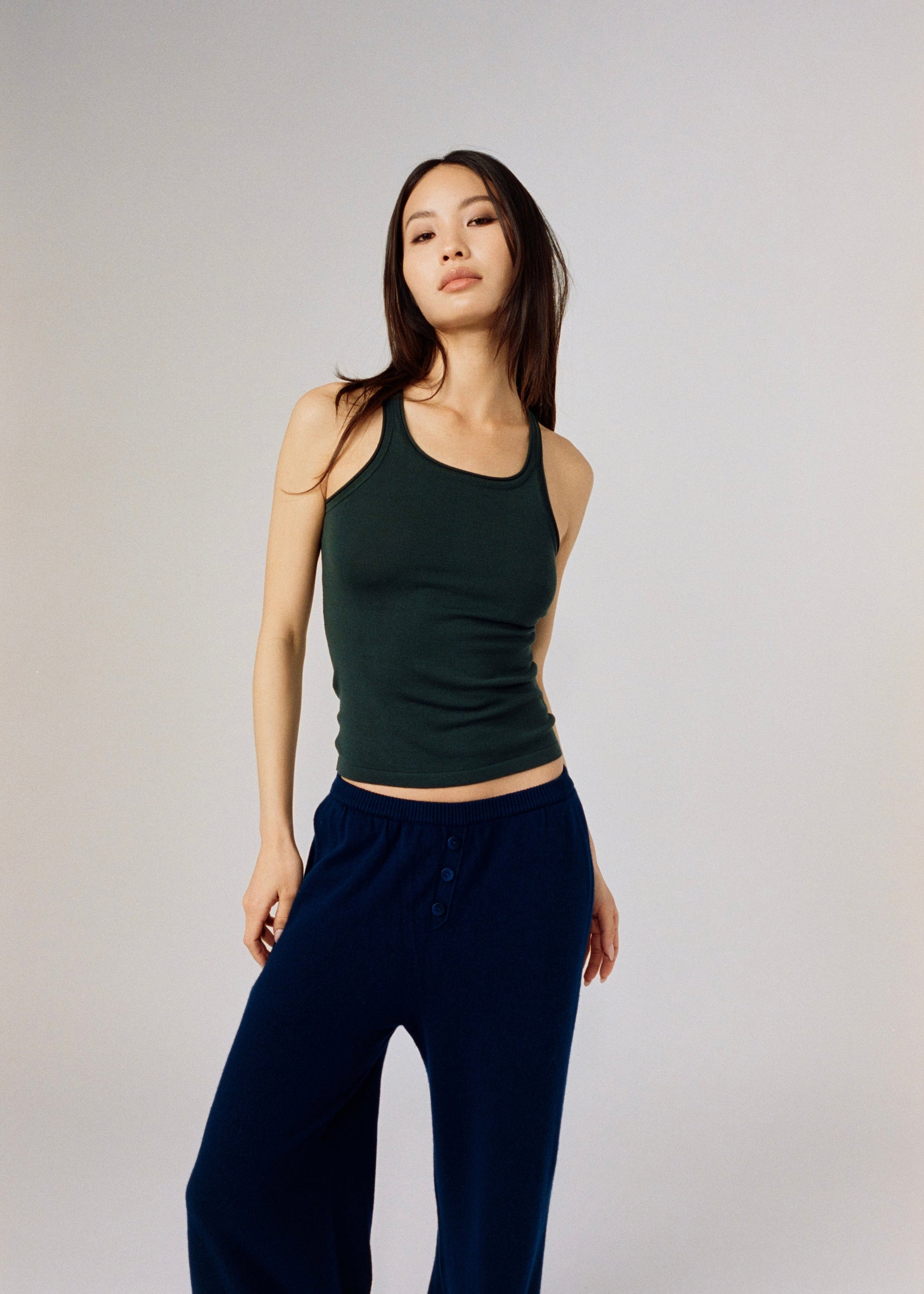 Model wearing Lindsay Top in Pine — knit tank, All My Love