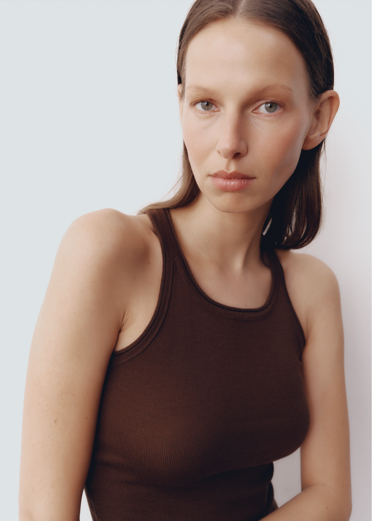 Model wearing Lindsay Top in Toast — knit tank, All My Love