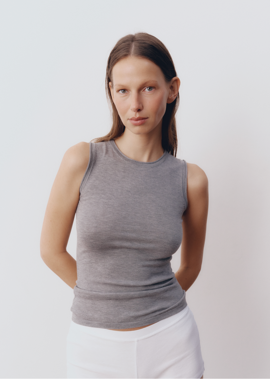 Model wearing Maddie Top in Heather Grey — knit tank, All My Love