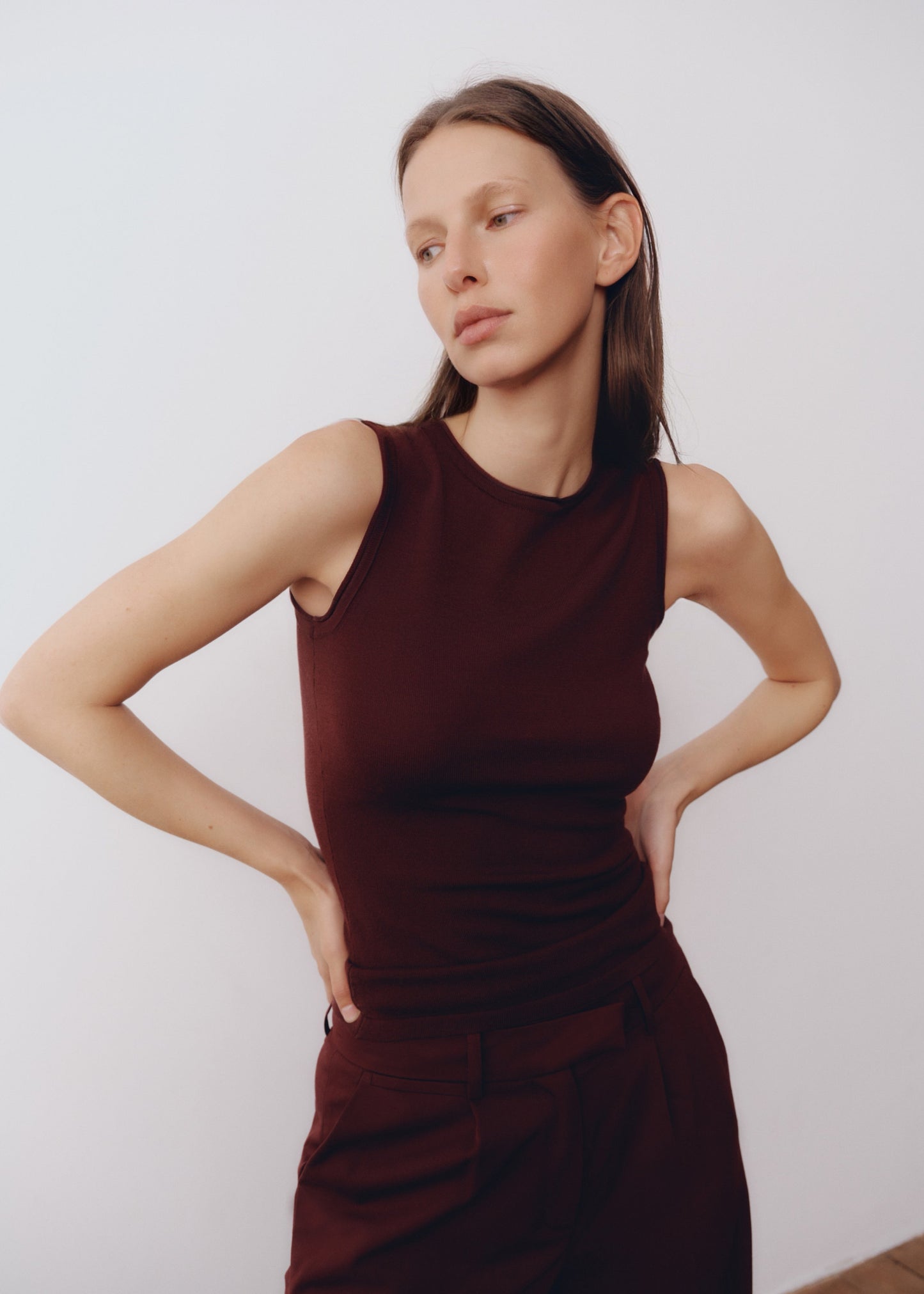 Model wearing Maddie Top in Mahogany — knit tank, All My Love