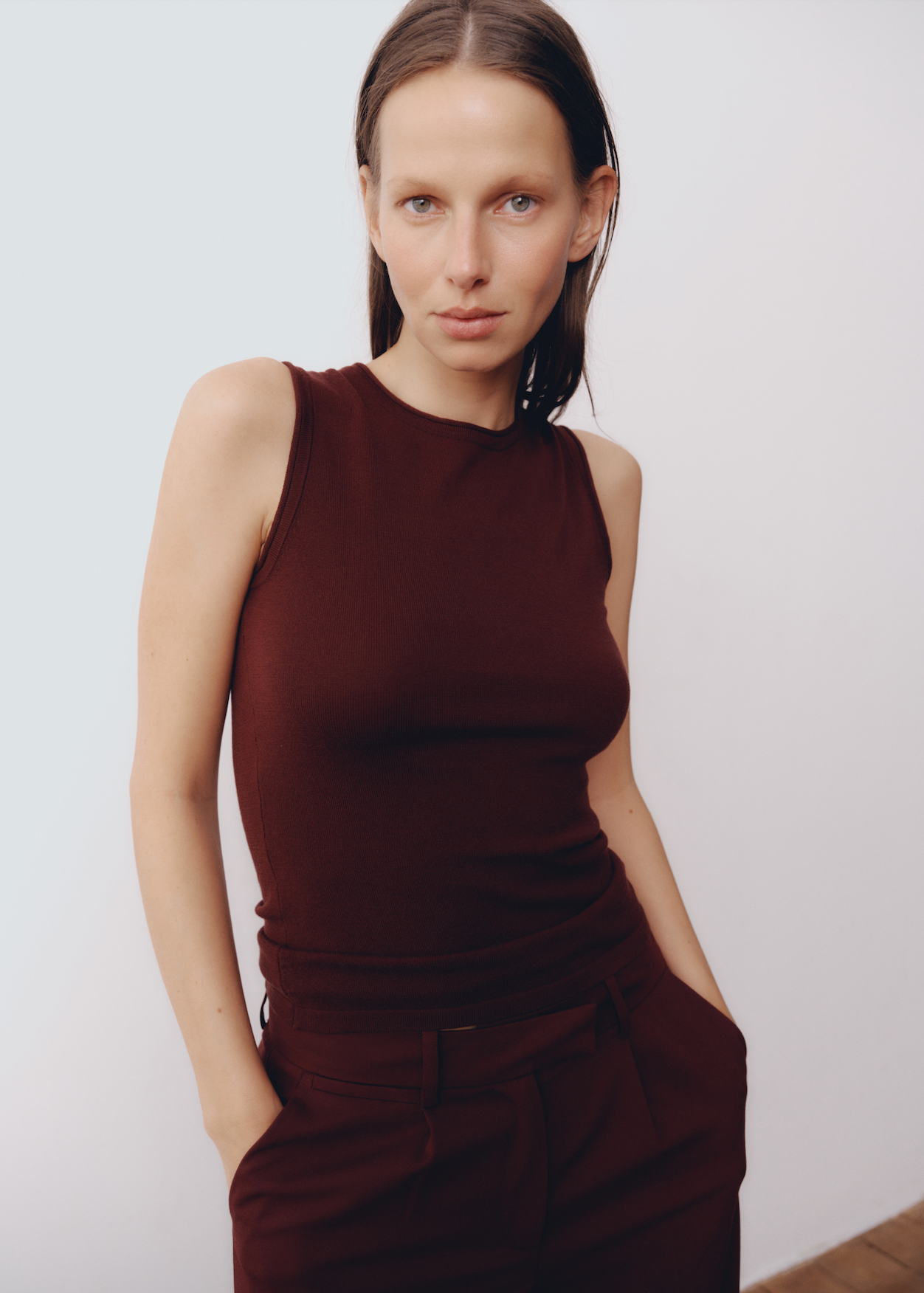 Model wearing Maddie Top in Mahogany — knit tank, All My Love
