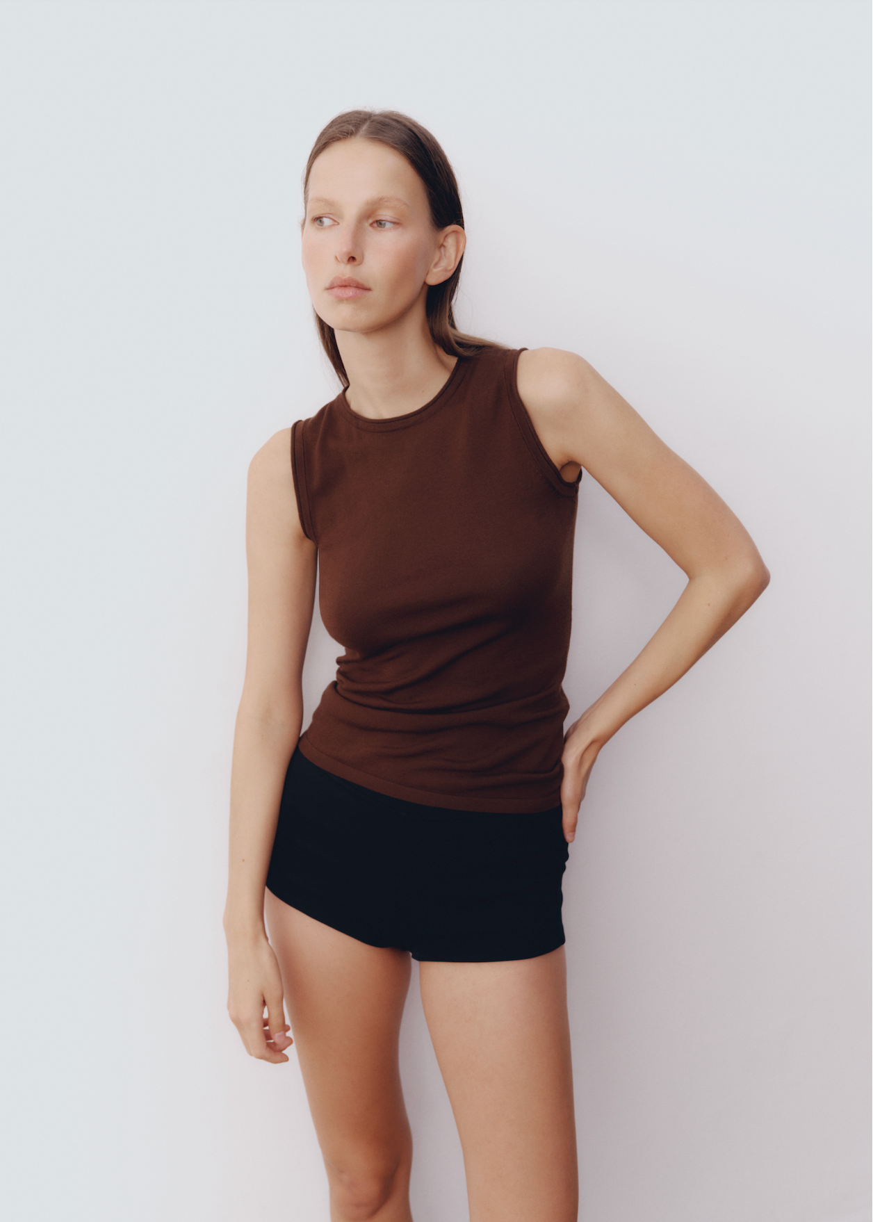 Model wearing Maddie Top in Toast — knit tank, All My Love