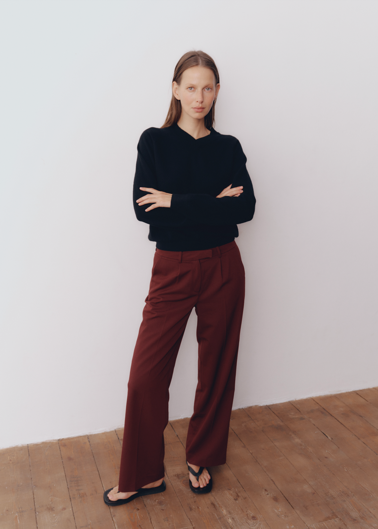Model wearing Renee Pants in Mahogany — low rise light weight women's trousers, All My Love