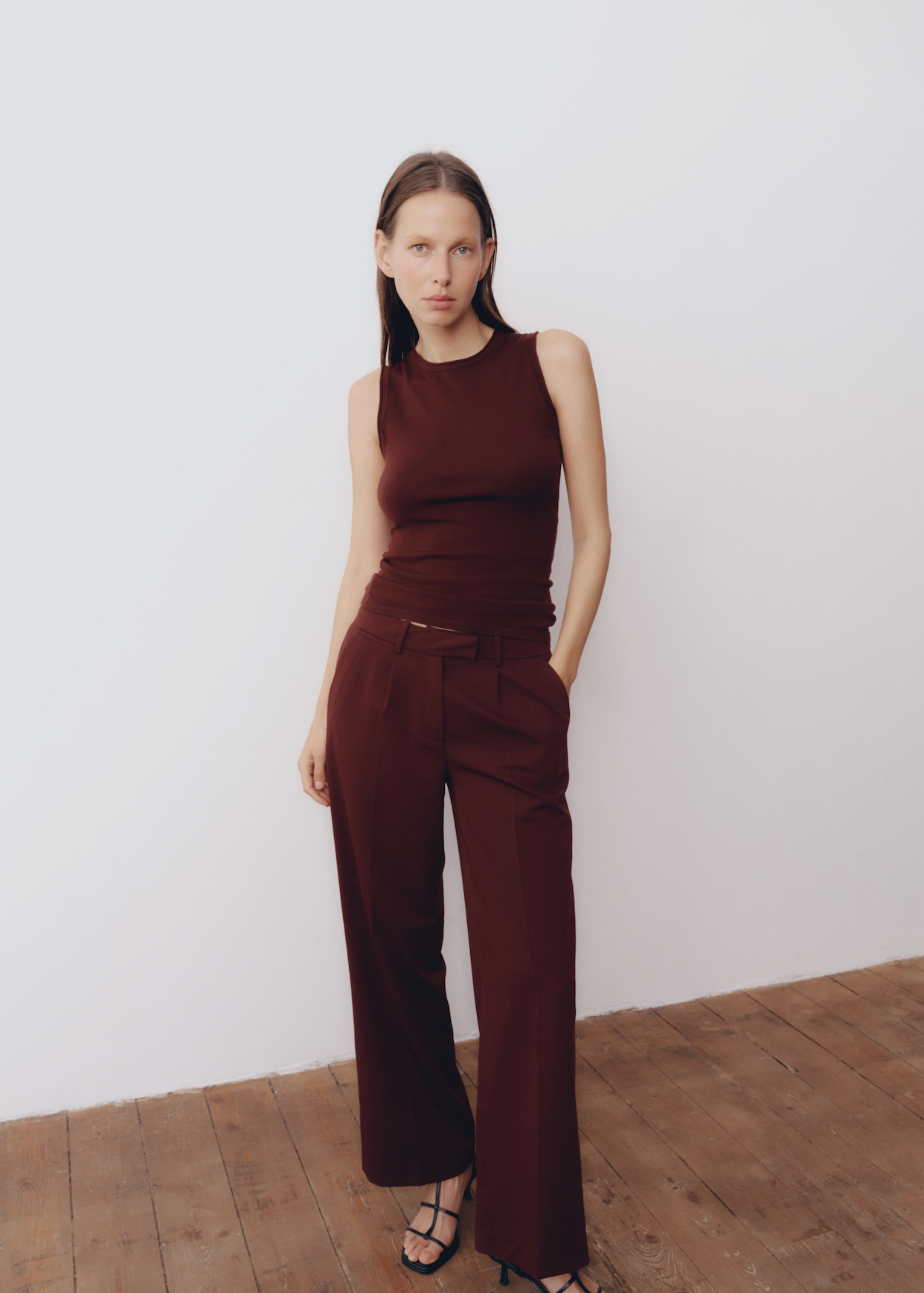 Model wearing Renee Pants in Mahogany — low rise light weight women's trousers, All My Love